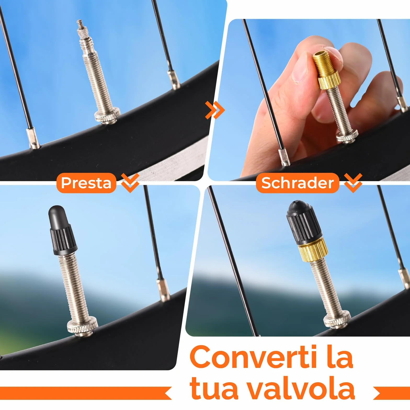 ETENWOLF Adattatore valvola Presta ottone 4 pezzi convertitore Presta-Schrader con 8 tappi