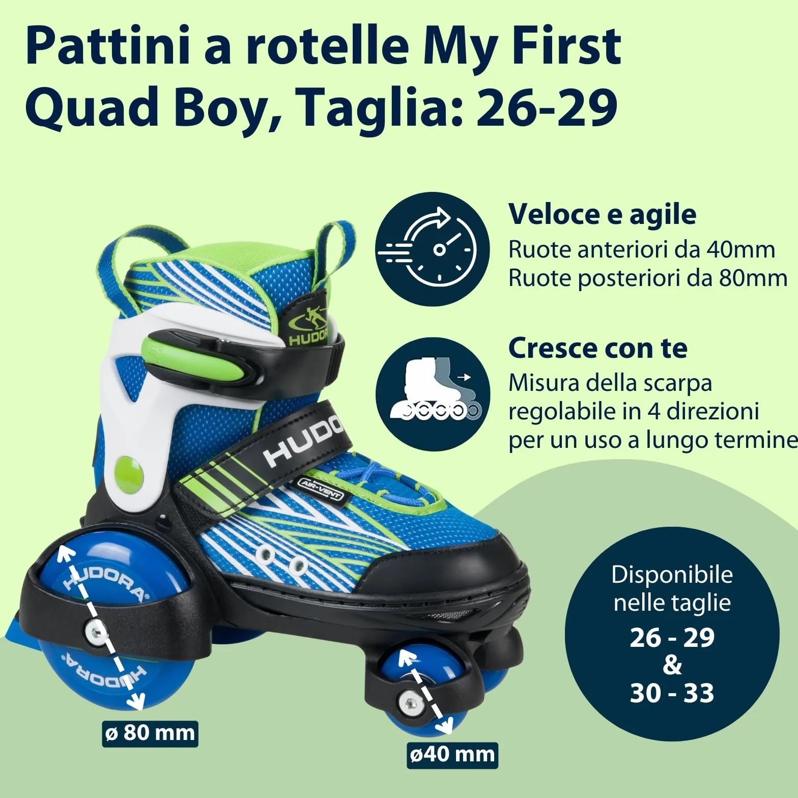 HUDORA Pattini a rotelle My First Quad in diverse misure e colori - pattini a rotelle di qualità per bambini fino a 20kg - pattini regolabili - sicuri e con rotelle grandi per iniziare