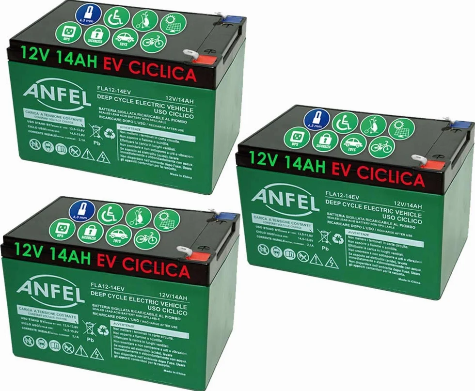 3 batterie Bici elettrica 12 Volt 14 ah EV 36 Volt Ciclica 6dzm CICLICA Uso CICLICO Bici Biciclette ELETTRICHE MONOPATTINI Quad ELETTRICI ELETTRICA Deep Cycle 6-DZM-14 6DZM14 6-DZM-12 6DZM12