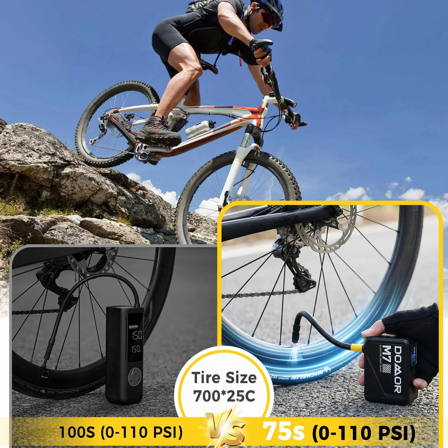 Pompa Elettrica per Bici 120 PSI Portatile con Manometro Digitale per Valvole Presta e Schrader
