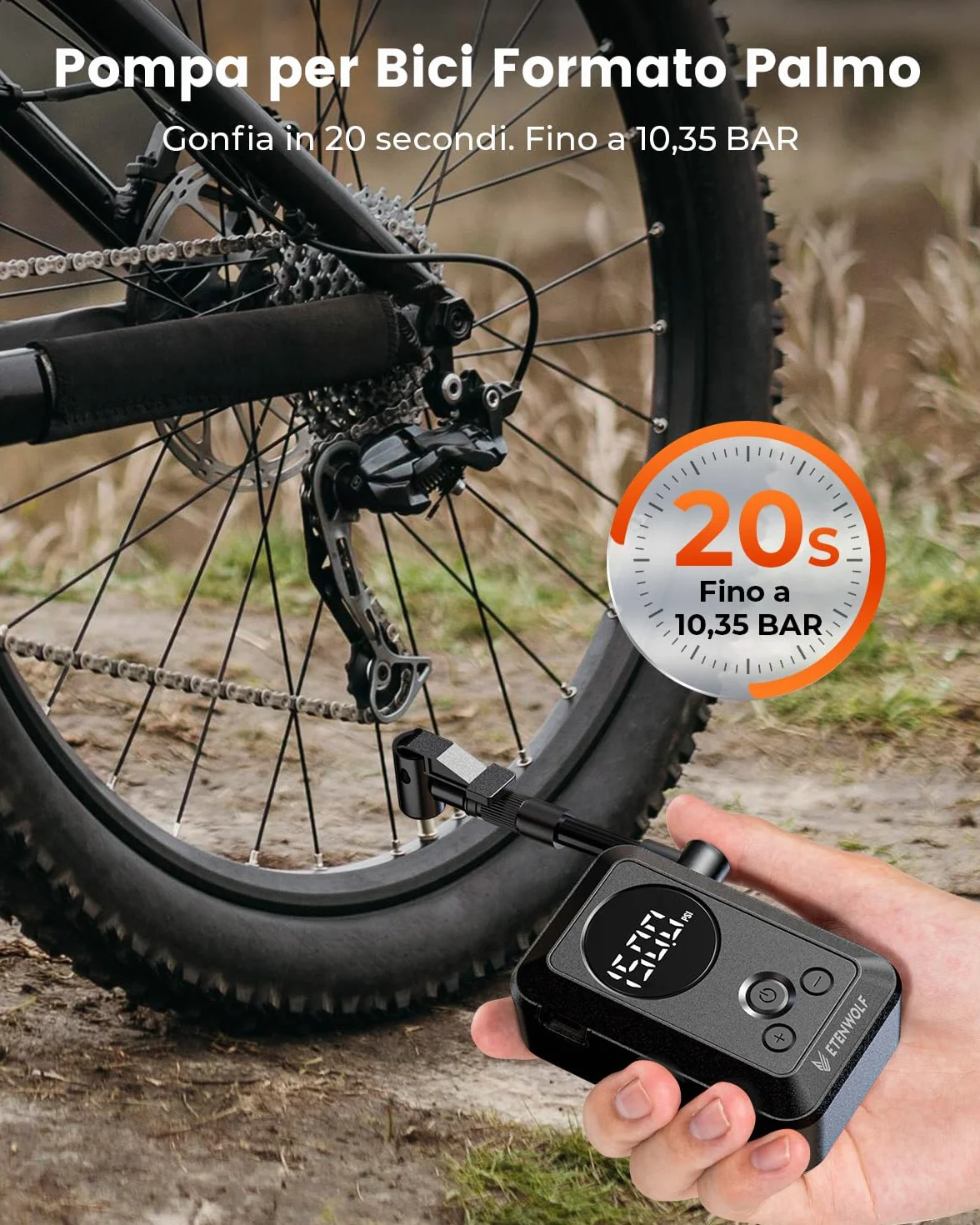 ETENWOLF Mini pompe à vélo 10,34 Bar, gonfleur de pneus portable avec manomètre, arrêt automatique