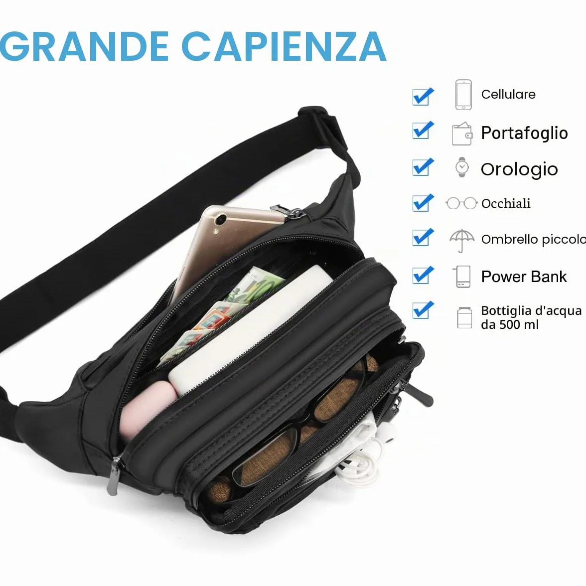 HNOOM Marsupio Impermeabile Uomo Donna Sportivo Lavoro Grande Trekking con Cintura Regolabile 5 Tasche (Nero)