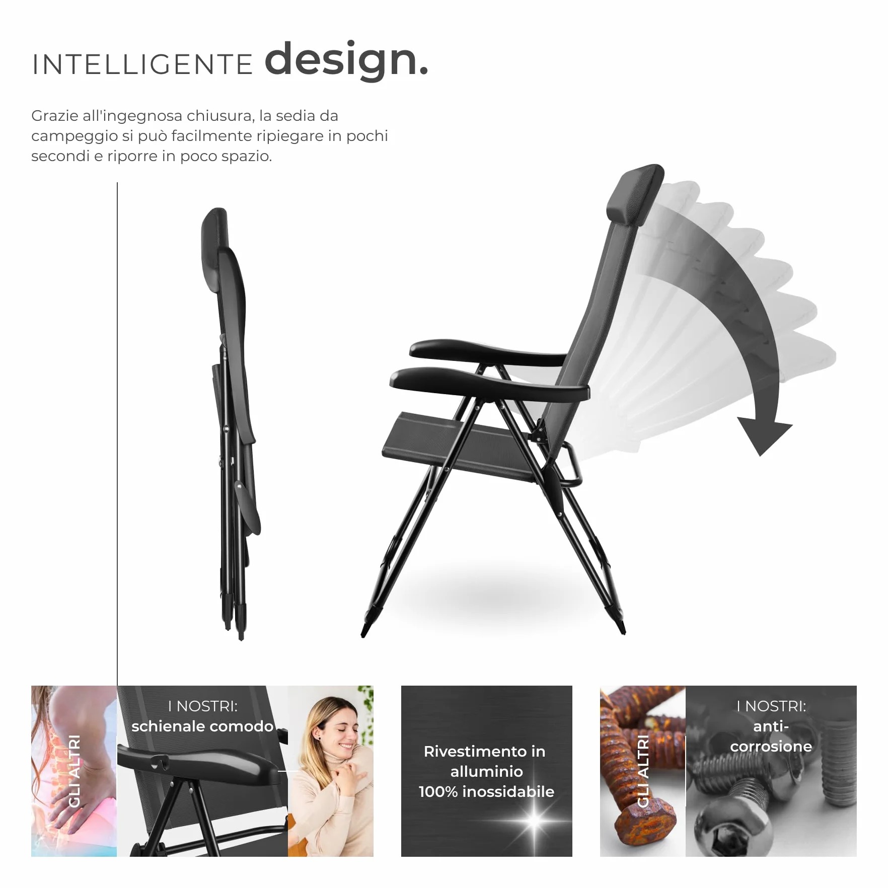 tectake® Set 2 Sedie Campeggio Pieghevoli, Schienale Regolabile 7 Posizioni, Alluminio Inossidabile, Textilene Traspirante, Braccioli Ergonomici, Cuscino Poggiatesta Rimovibile Antiscivolo - Antracite