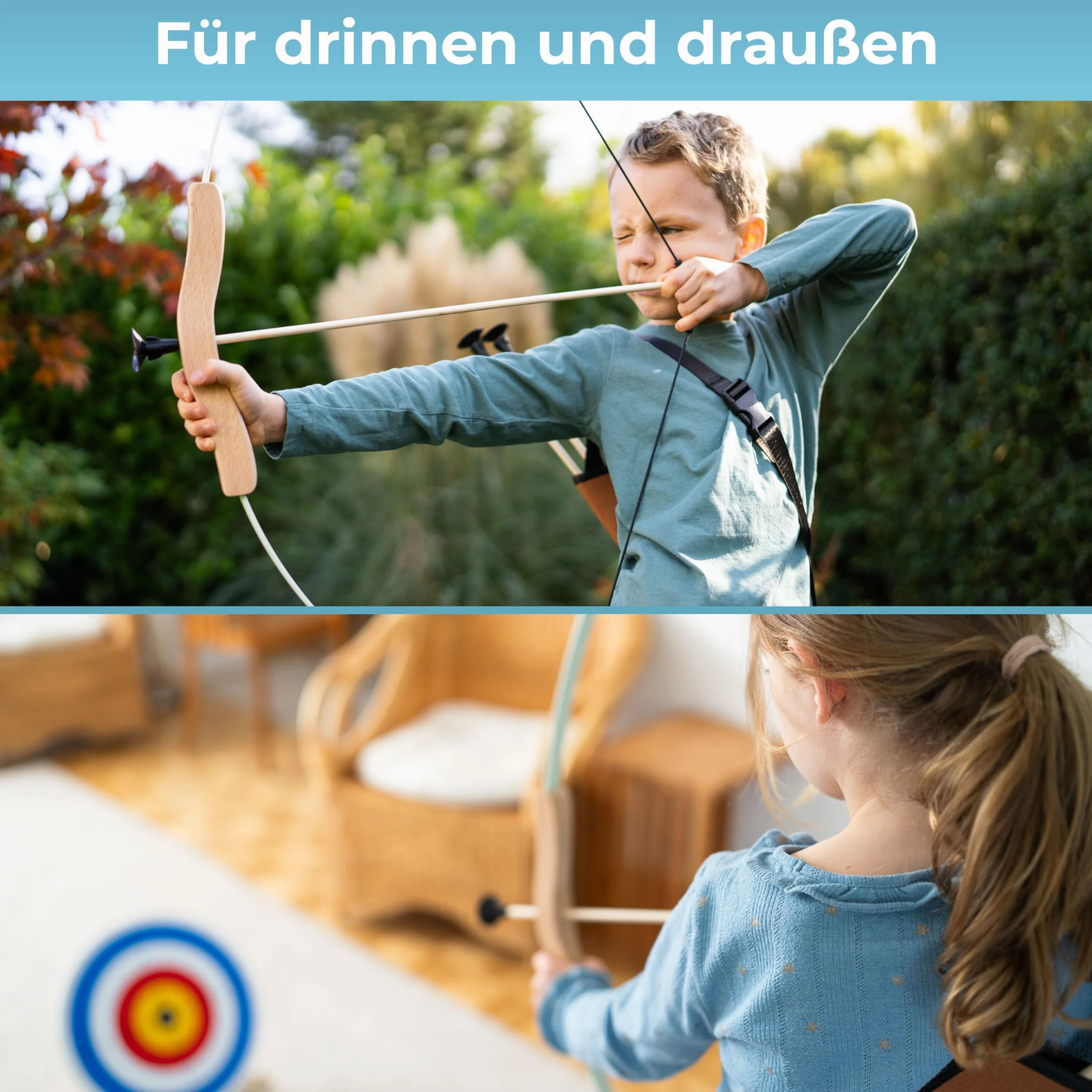 BOWRILLA® Set di frecce e arco per bambini con 4 frecce a ventosa, bersaglio in legno e faretra