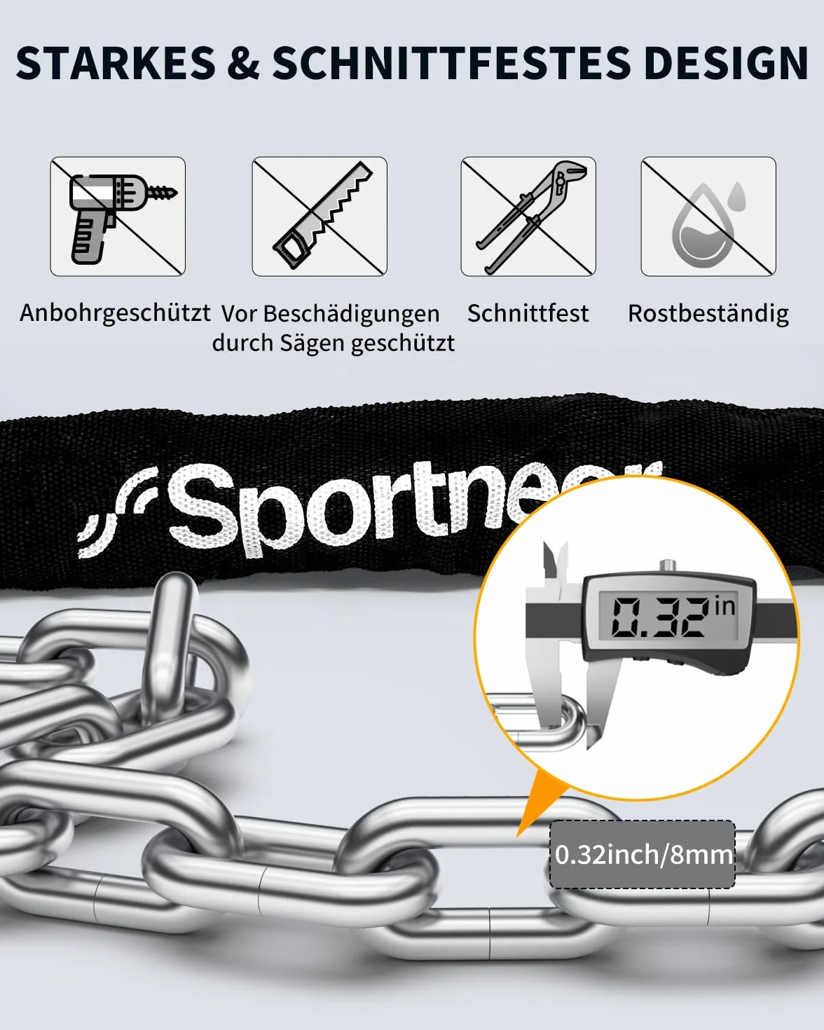 Sportneer Lucchetto Bici Catena 8mm 100cm Antifurto Acciaio Temprato con 2 Chiavi