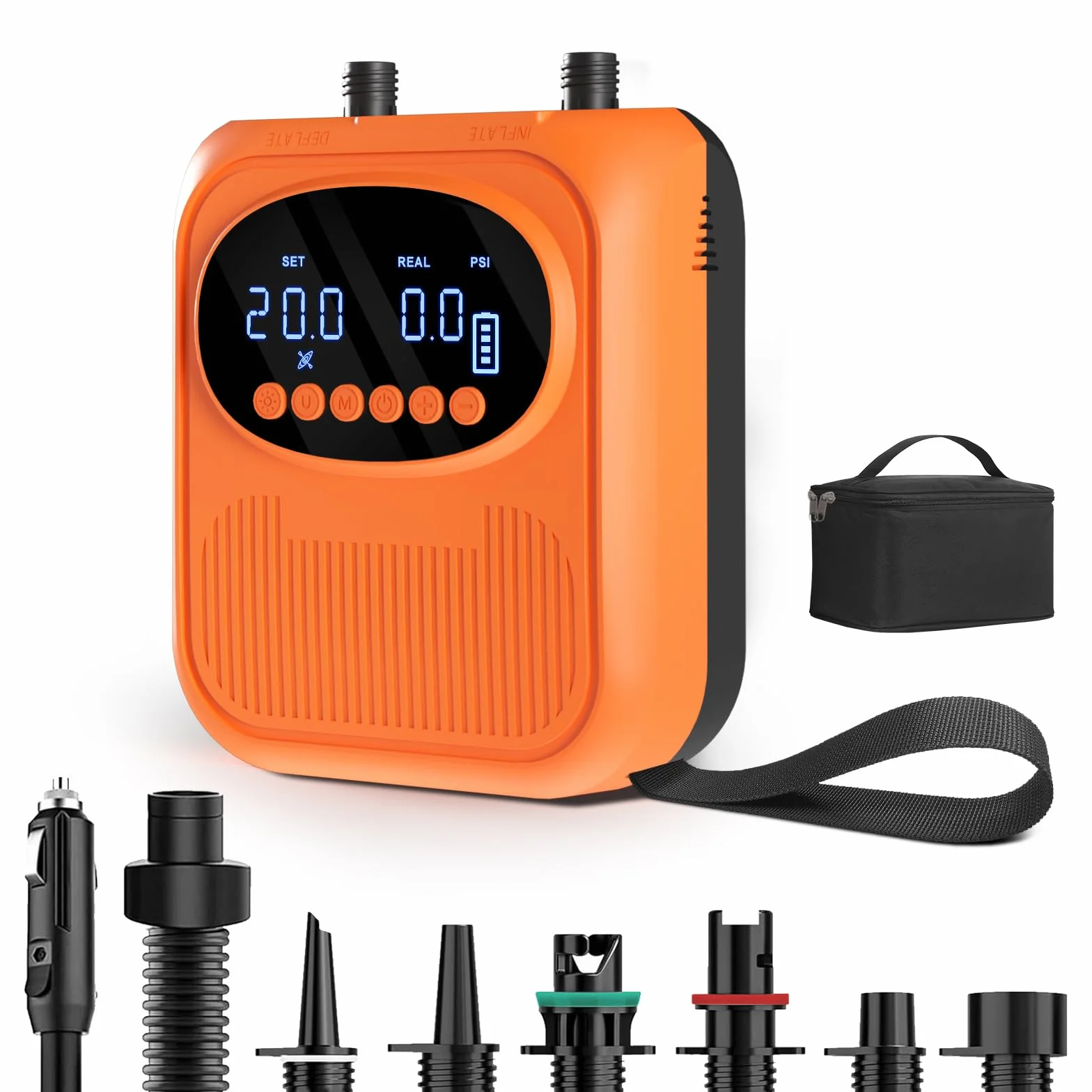 Mojimdo Pompa elettrica per SUP, pompa ad aria ricaricabile da 20PSI, alimentazione di emergenza e luce di emergenza, autospegnimento, 12V DC e Type-C, con 6 ugelli per Stand Up Paddle Boards