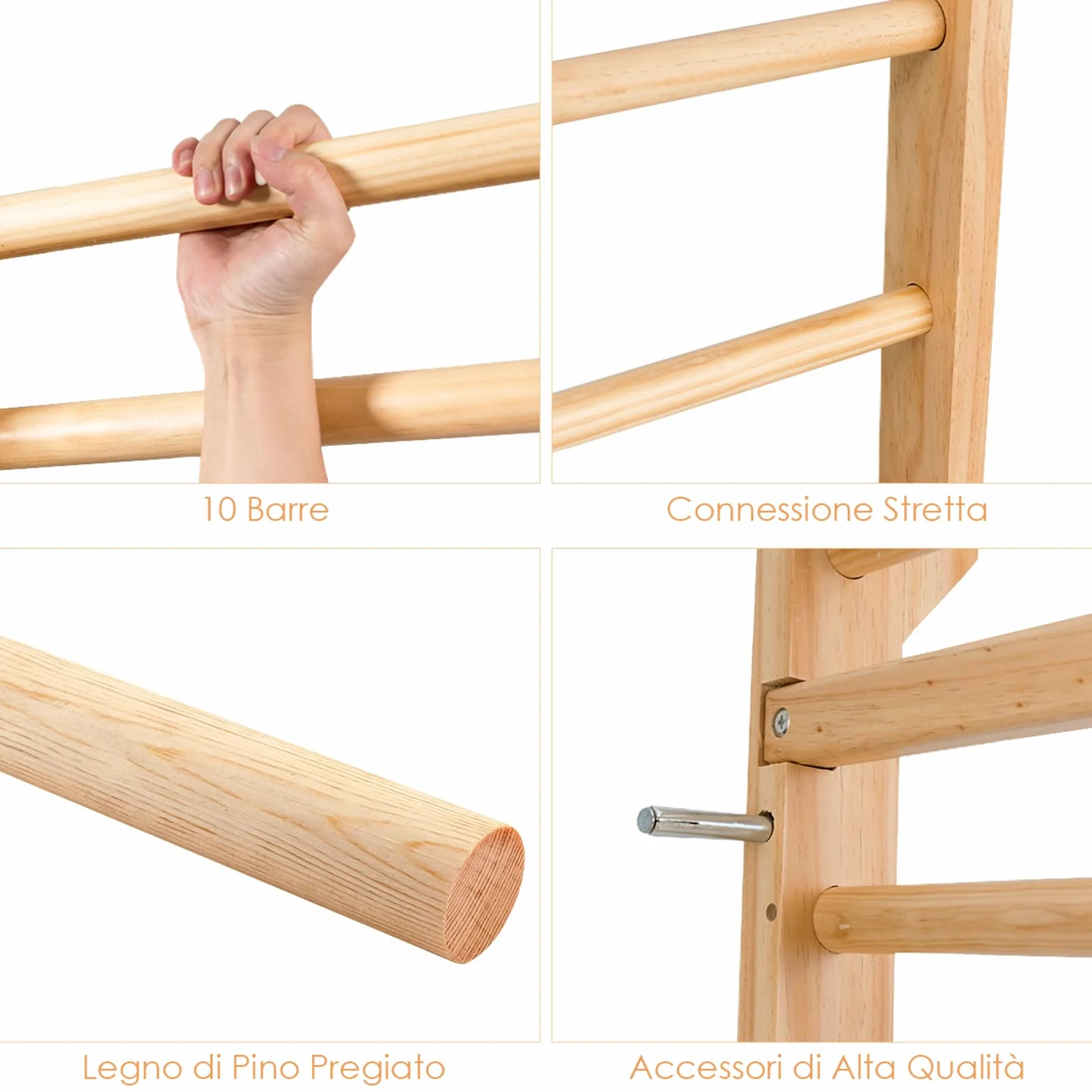 COSTWAY Spalliera Svedese Adulti Bambini Legno 10 Gradini Carico Massimo 100 kg 195x80x14 cm