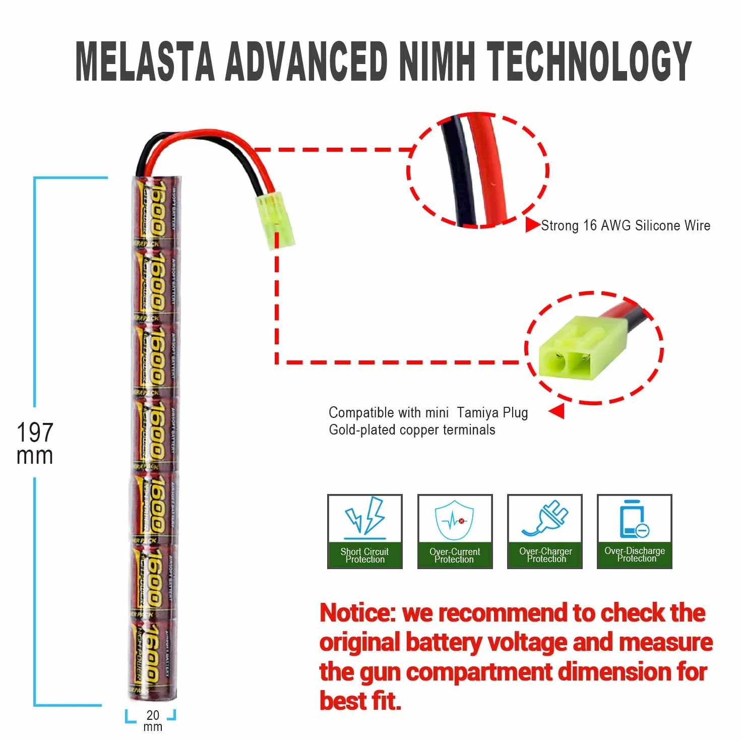 Melasta 8.4V 1600mAh NiMH Airsoft Batteria Mini Tamiya Connettore 2 Pezzi per AK47 MP5K RPK PKM