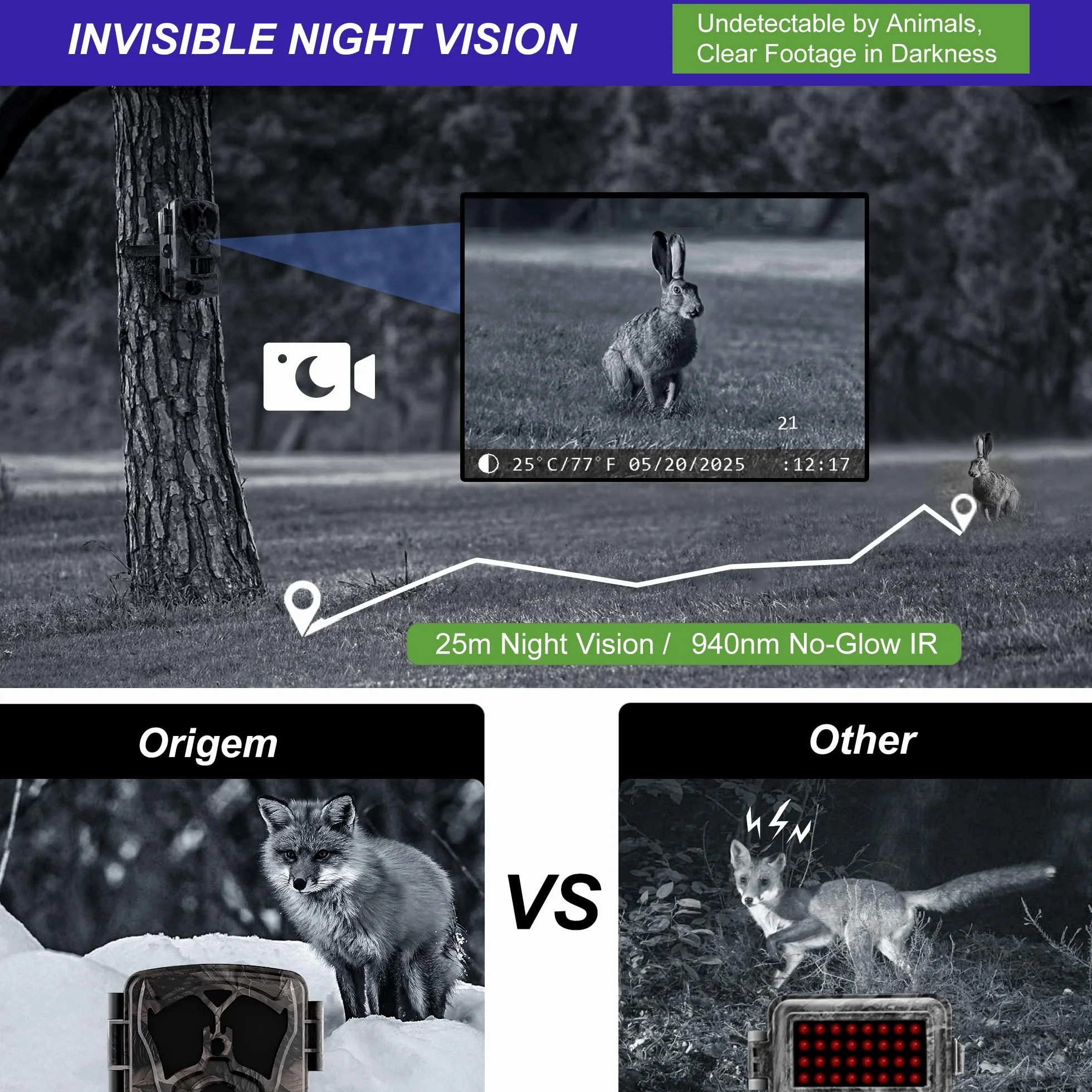 Origem Fototrappola Notturna WiFi 64MP 4K con 64GB SD e App, Fotocamera Caccia 0.1s IR Invisibile 940nm 120° Ultra Grandangolo, Visione Notturna 25m IP66