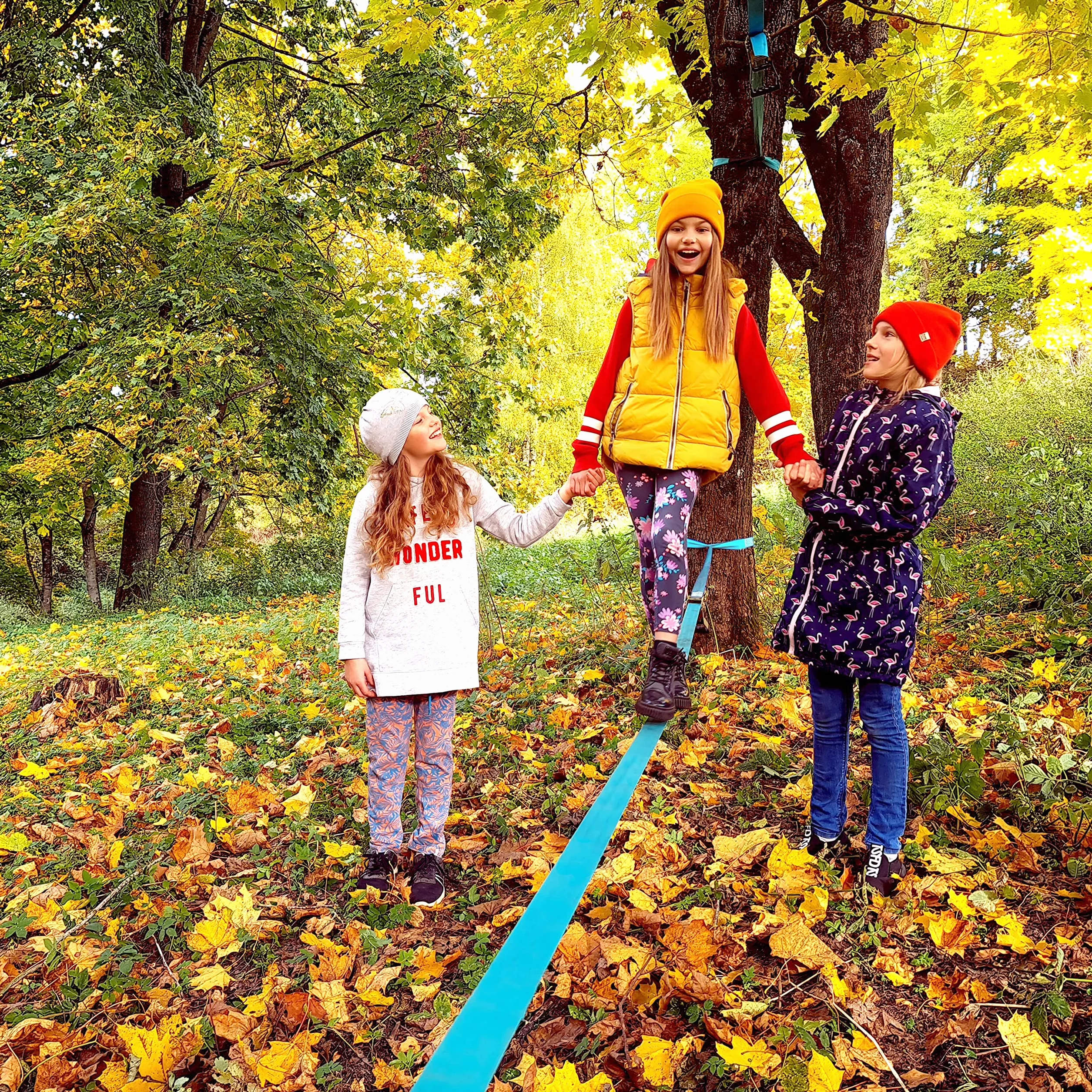 Slackline per allenamento dell'equilibrio 50' con cricchetto industriale resistente, protezione alberi e borsa trasporto