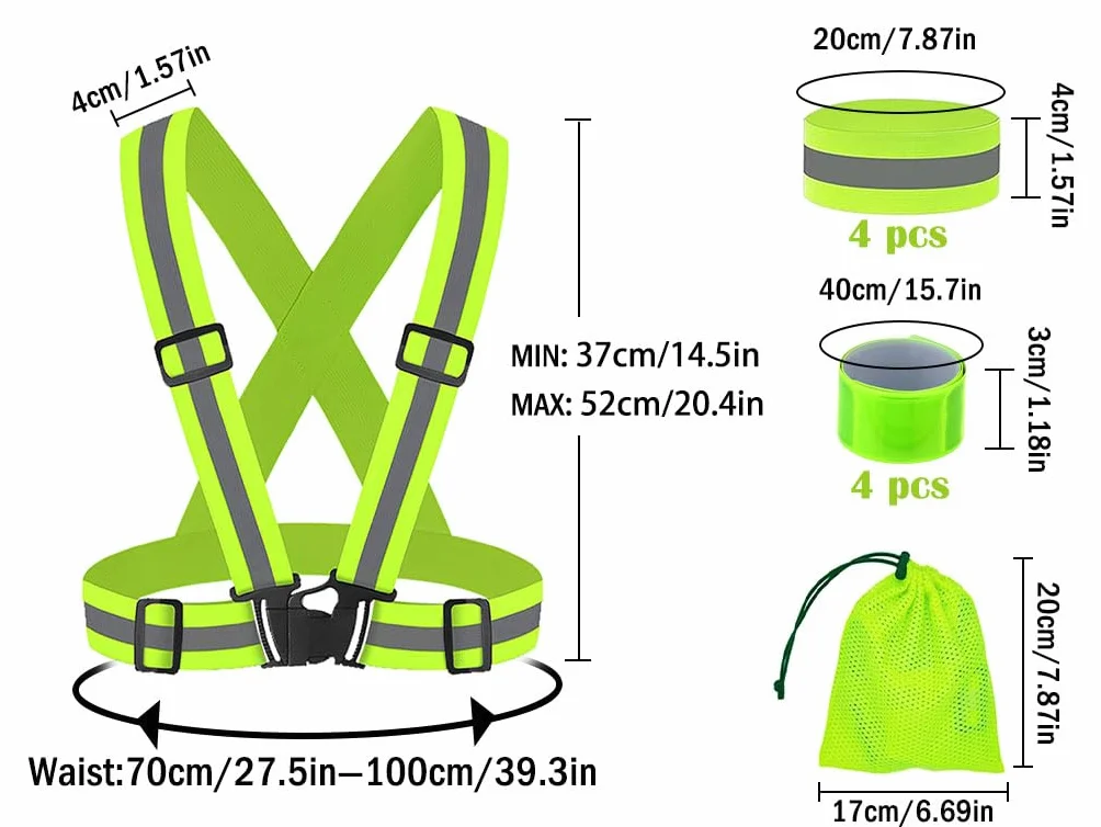 Gilet Catarifrangente Regolabile ad Alta Visibilità con Braccialetti Riflettenti, per Corsa Ciclismo Attività all'Aperto