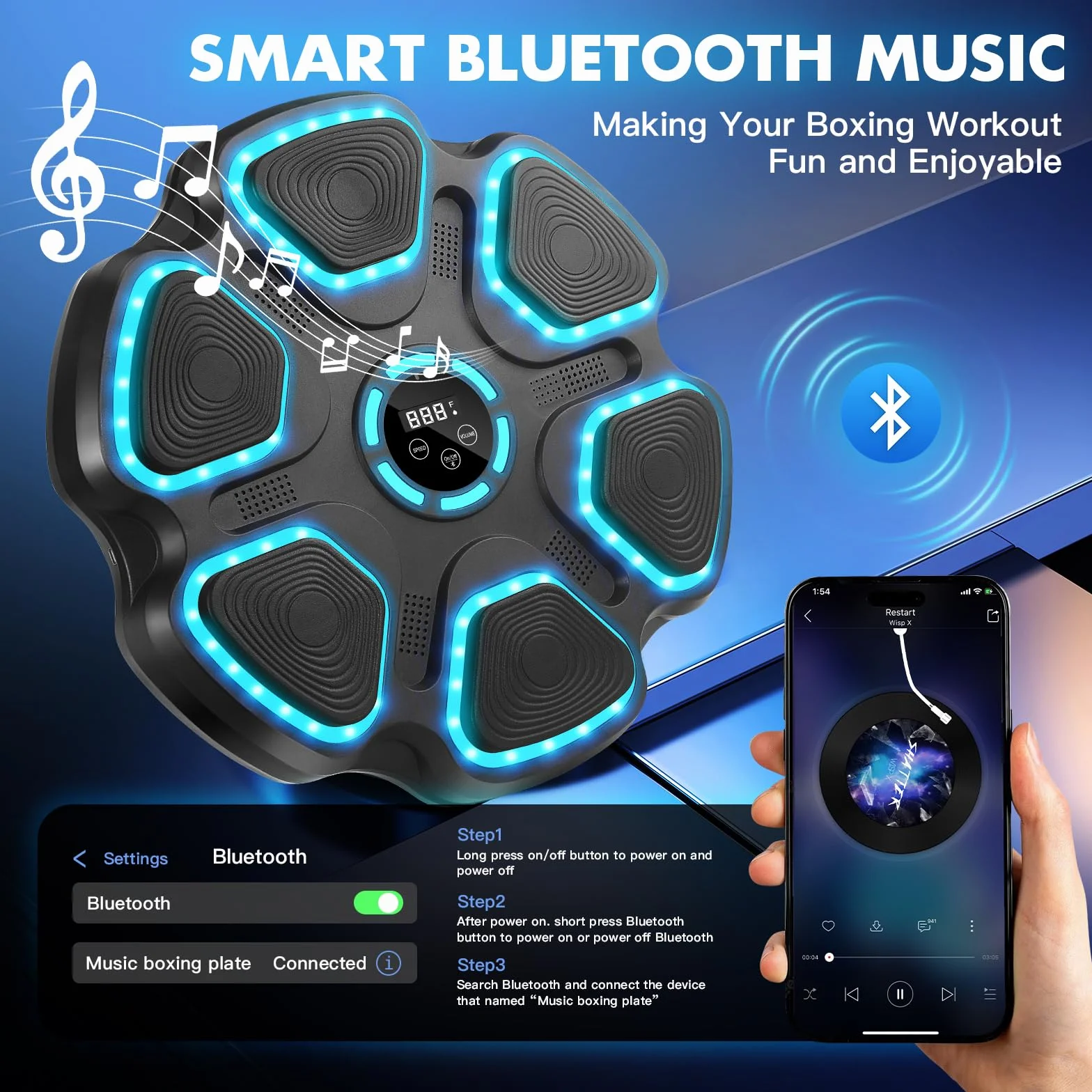 WYRIAZA Macchina da Boxe Musicale, Music Boxing Machine con Bluetooth da Parete con Guantoni da Boxe, Beatpunch Machine de Boxe Musicale Pugile a LED con 11 modalità e 9 velocità