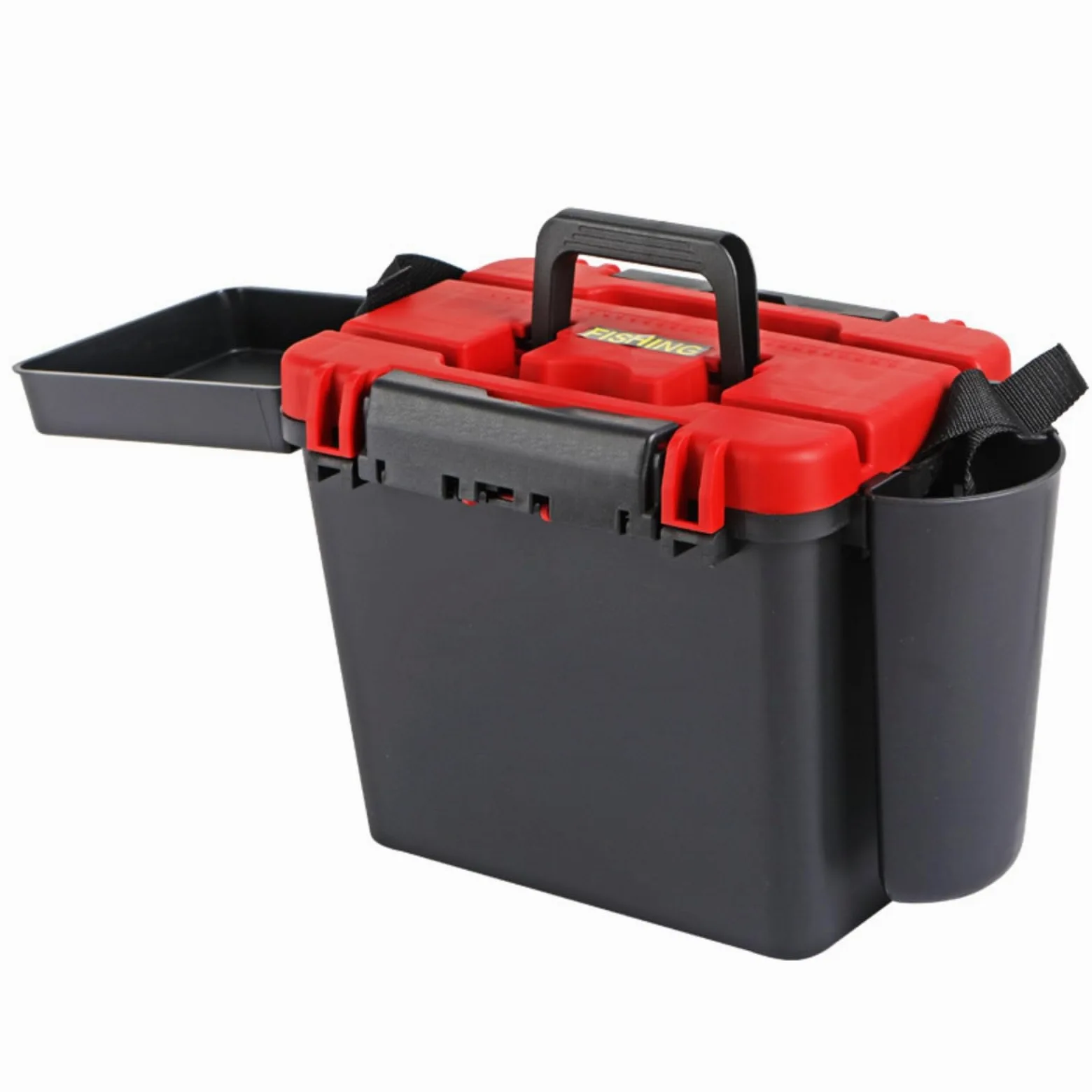 LOVIVER Box Sedile da Pesca Contenitore Attrezzatura Scatola Esche Secchio in Plastica con Coperchio Manico E Tracolla Struttura Solida per Ordinare Ami Pinze E Adatto Fiume Barca Riva, Rosso
