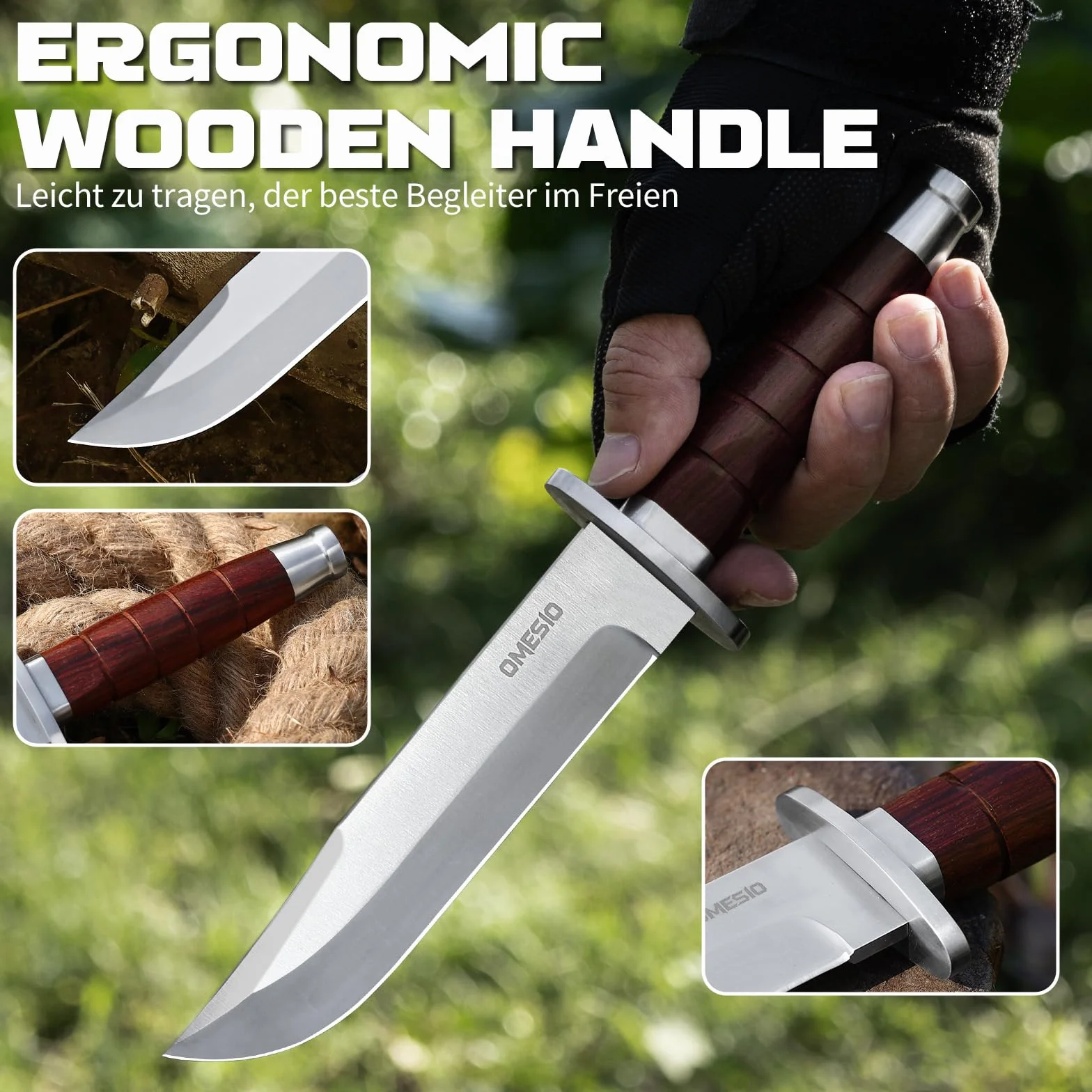 Omesio Coltello Da Caccia Outdoor, Lama Fissa — Include Fodero in Pelle, Realizzato Acciaio 5cr14mov — Manico Interamente in Legno — Adatto Per Il Campeggio e La Sopravvivenza Nella Natura Selvaggia