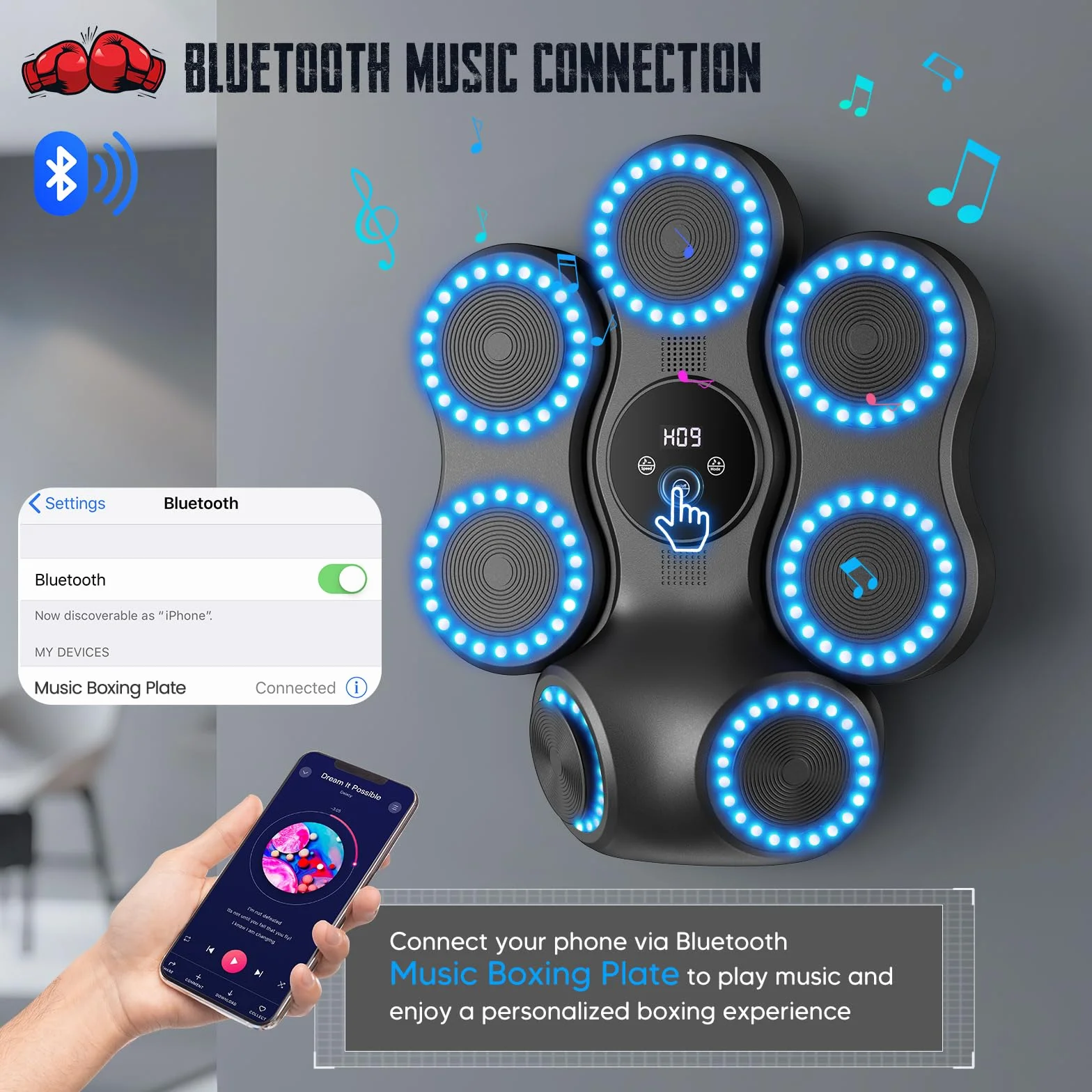 Music Boxing Machine, Pungiball Elettrico con Bluetooth&Schermo LED, 9 Velocità Regolabili,11 Modalità di Allenamento, Pad da Pugilato a Parete, Attrezzatura Fitness Intelligente per Adulti e Bambini