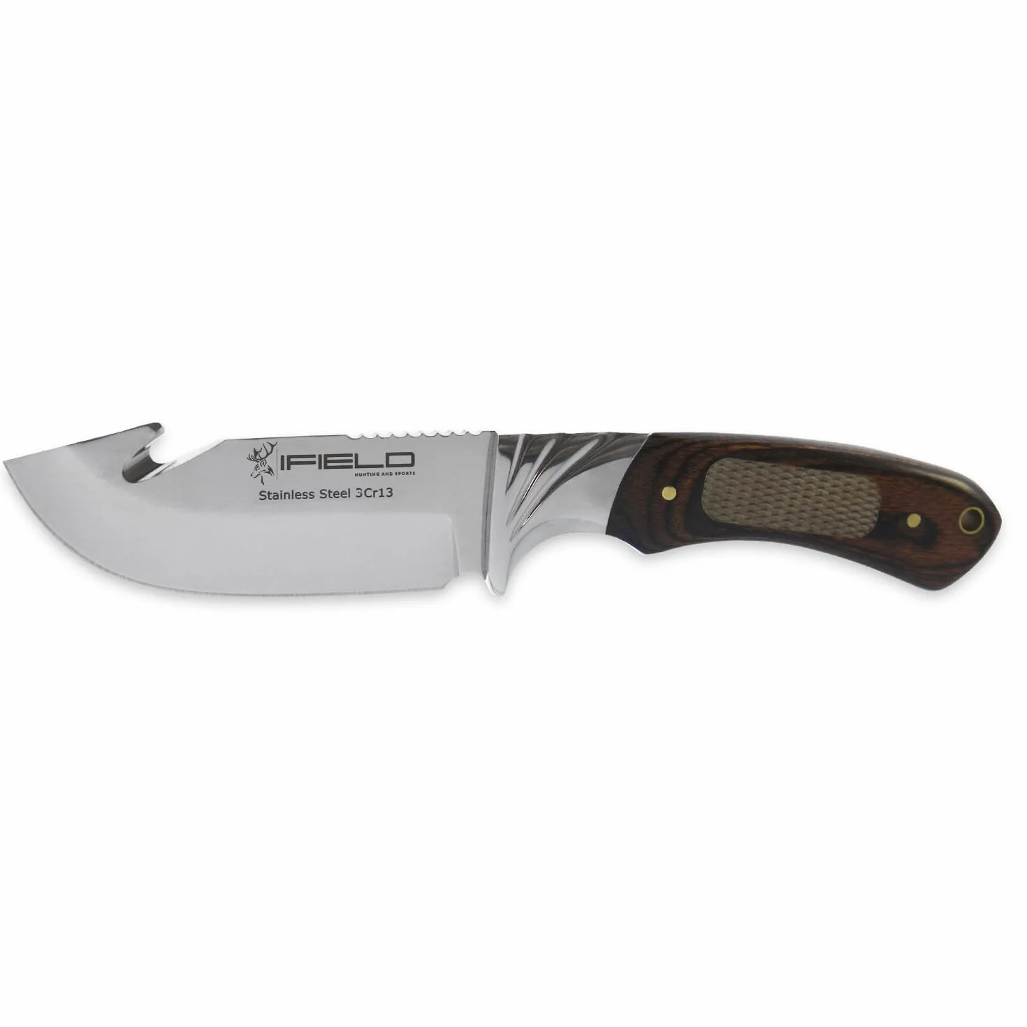 iFIELD EL29015 Multifunzionale escursionismo, caccia e sopravvivenza coltello per l'aria aperta, marrone CNC decorato Stamina, lama in acciaio inox 3Cr13, colore marrone fodero di alta qualità