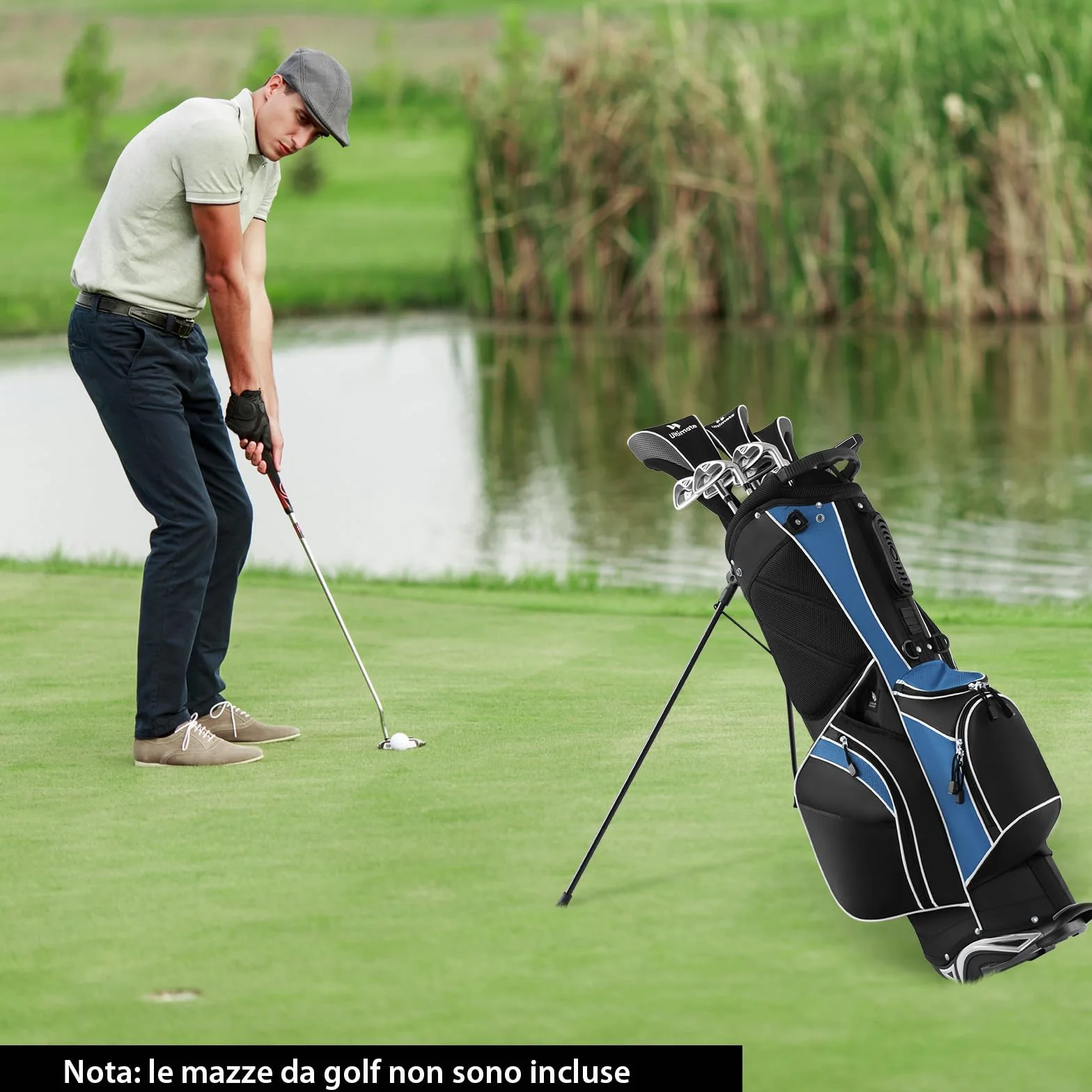 COSTWAY Borsa da Golf con Supporto, Sacca Mazze 6 Divisori, 7 Tasche Cerniera, Borsa Termica, Portaombrelli, Leggera Portatile Tracolla Blu