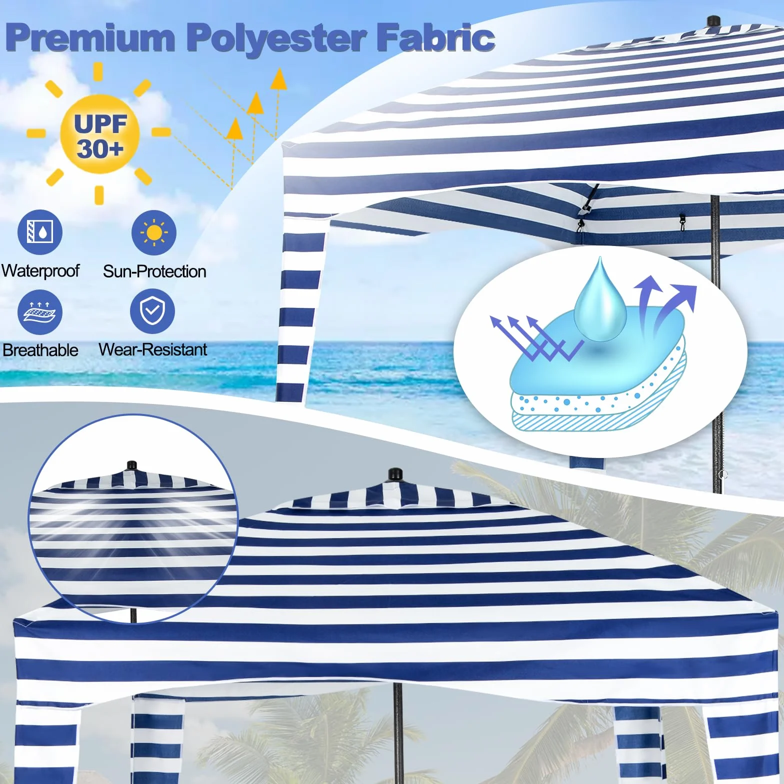 HOMASIS Tenda da Spiaggia Portatile 1,8 x 1,8 m, Parasole Spiaggia con Protezione Solare Regolabile in Altezza, Gazebo con Parete Laterale Rimovibile, Tenda con Borsa per il Trasporto (Blu)