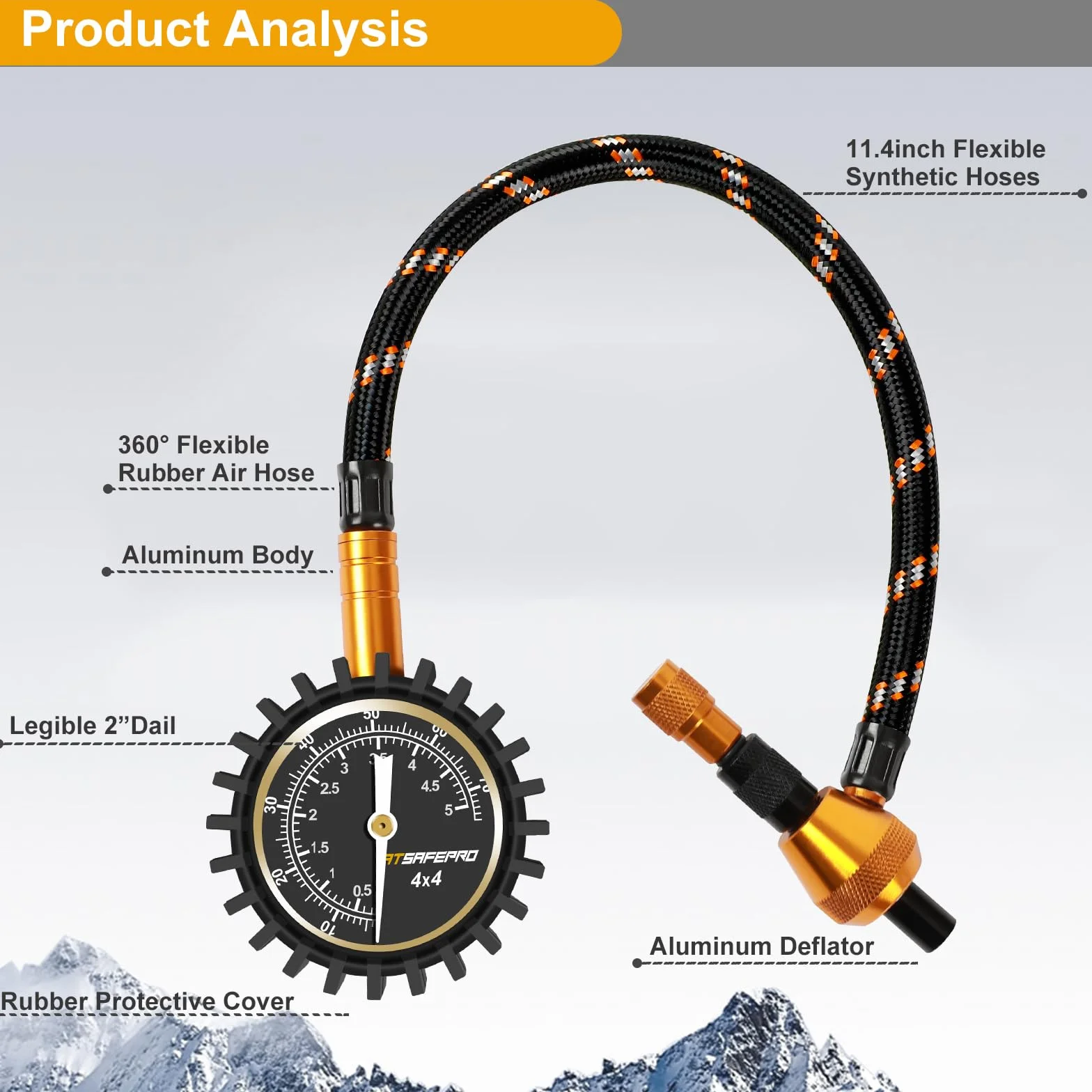 ATsafepro Manometro Pressione Gomme professionale 2 in 1, Misuratore pressione pneumatico 75Psi con valvola di sfiato Fodera speciale per pneumatici fuoristrada 4X4