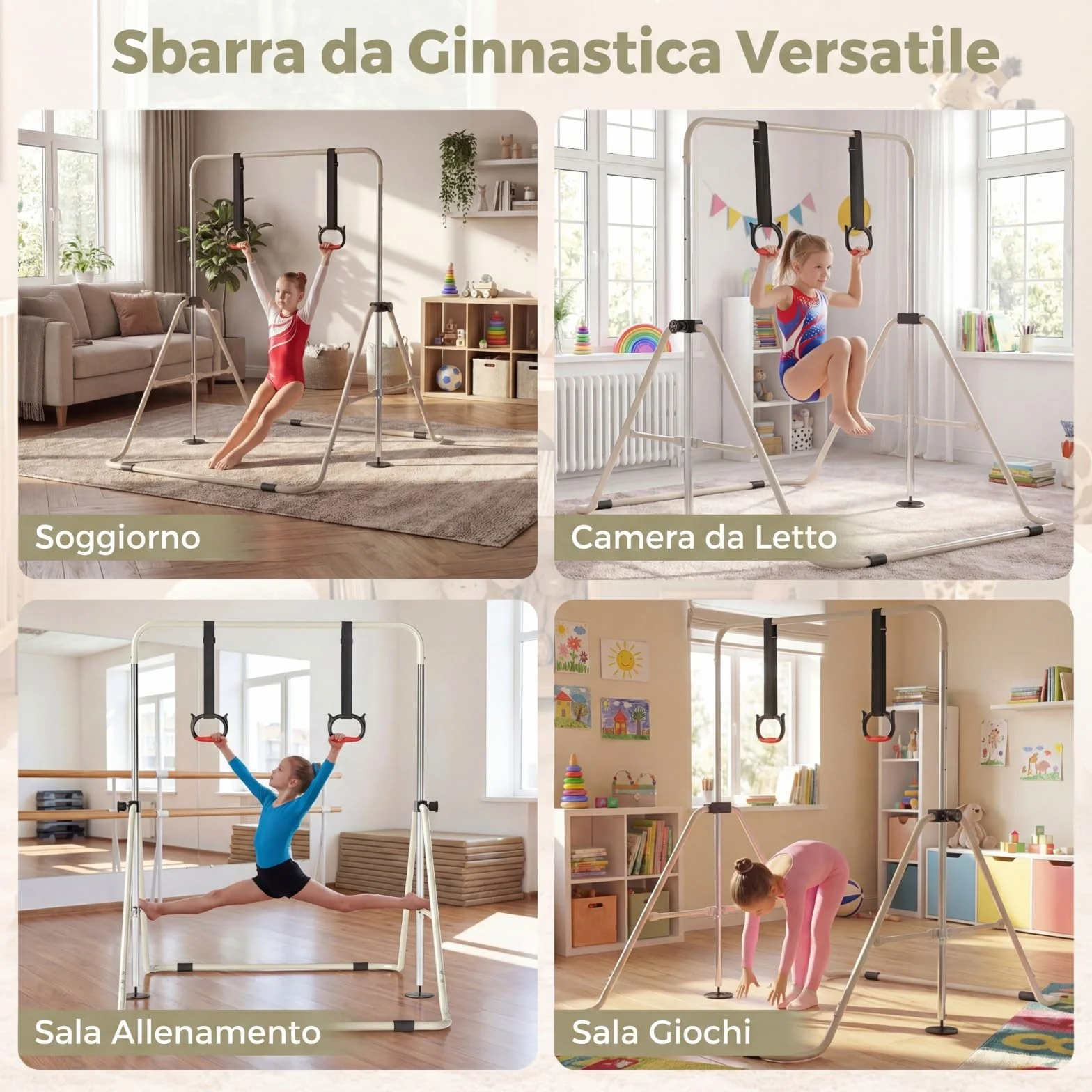 COSTWAY Sbarra Ginnastica Pieghevole per Bambini, Regolabile a 4 Livelli con Anelli e Cuscinetti Antiscivolo