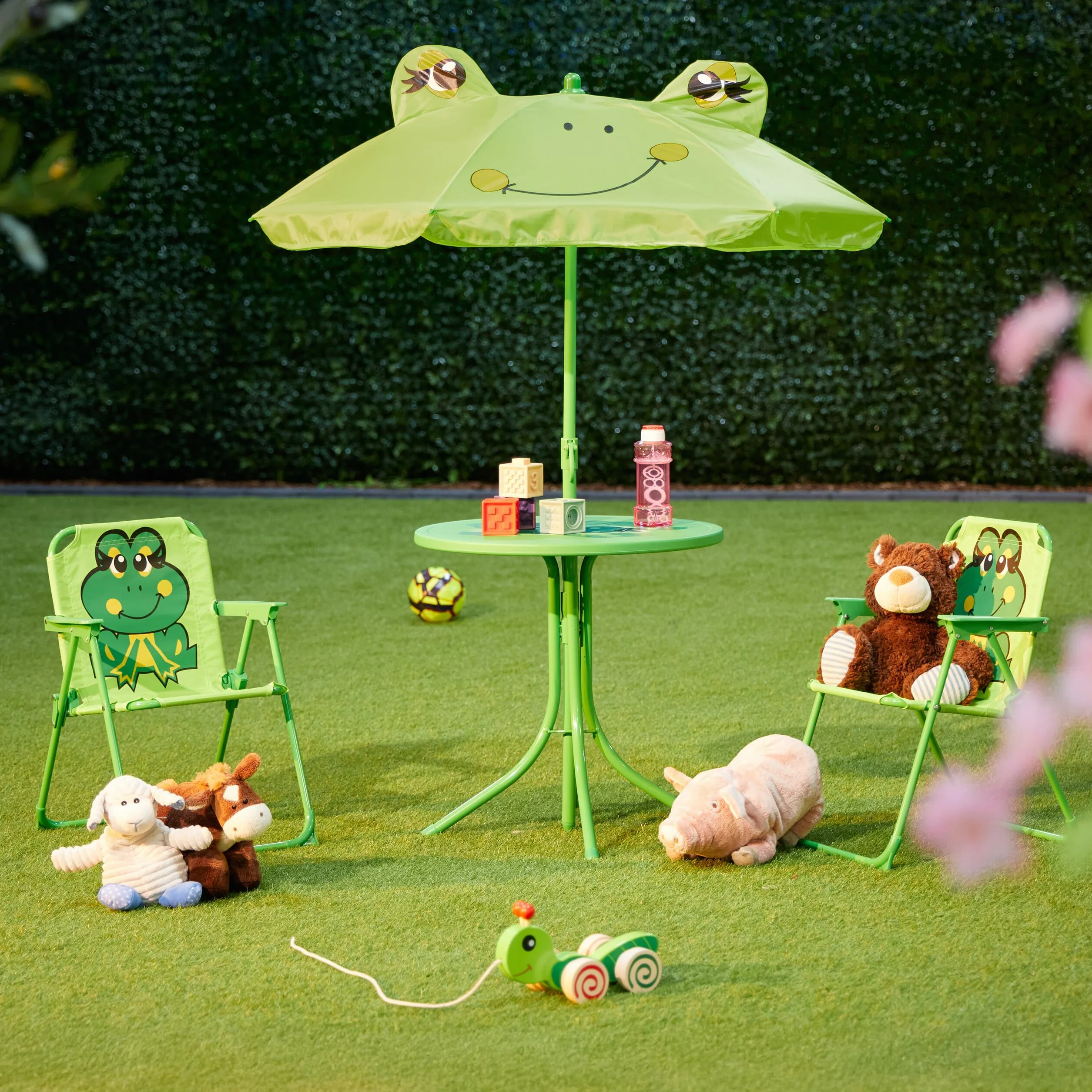 Relaxdays Tavolo Bambini con Ombrellone, Set 2 Sedie, da Campeggio e Giardino, Tavolino Picnic Design Rana Verde