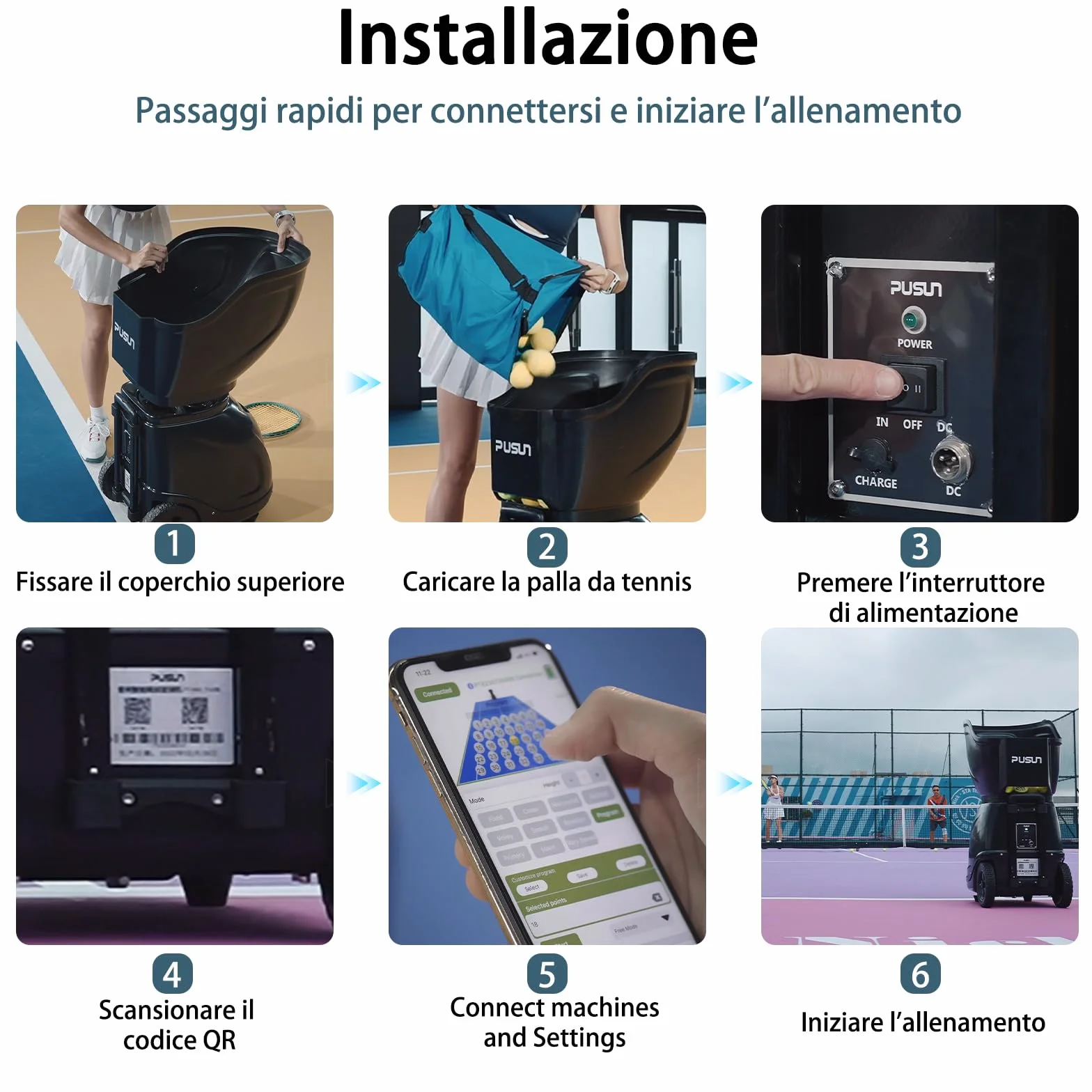 PT-Smart Macchina per palline da tennis con app telecomando Lanciatore elettronico portatile Batteria 4-6 ore Oscillazione Topspin Backspin