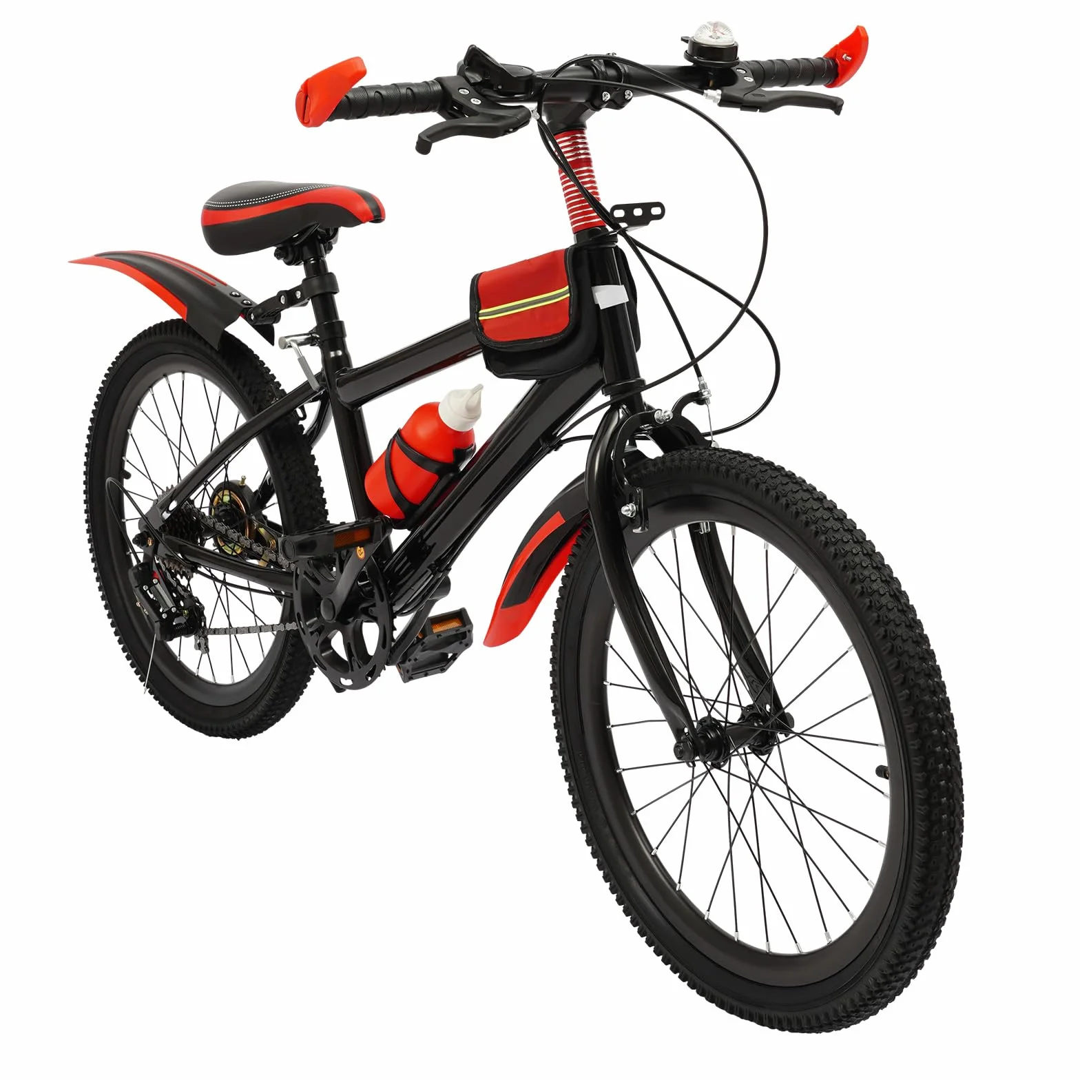 Mountain bike 20 pollici bambini telaio acciaio carbonio parafanghi doppio freno rossa campanello 85 kg