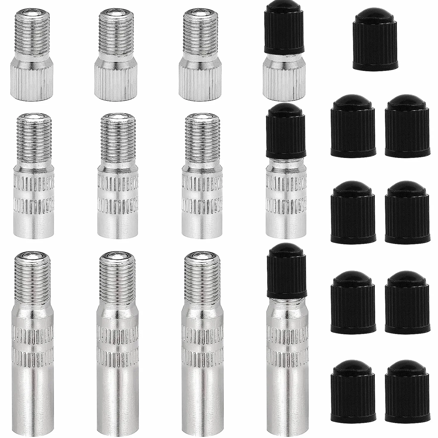 12 Pezzi Estensioni Valvola Pneumatici, Prolunga Valvola Pneumatici in Rame Nichelato, con Valvole Pneumatici Auto, Adattatore Gonfiaggio, per Auto, Furgone, Camion, Roulotte (19, 27, 39mm)