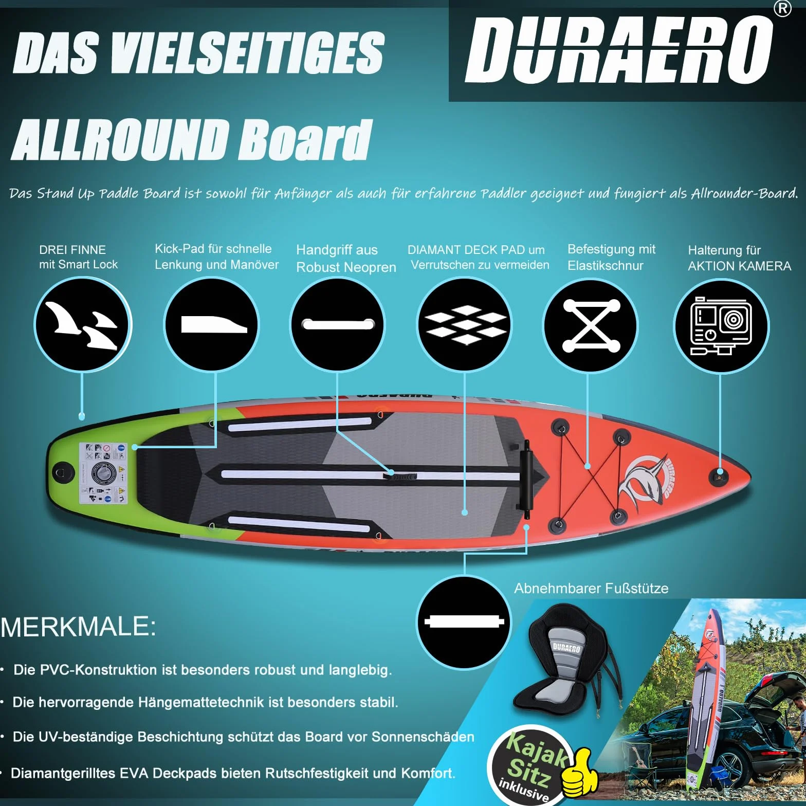 Tavola gonfiabile da Stand Up Paddle, seduta kayak, 330 x 76 x 15 cm, portata fino a 150 kg, supporto per cam, pad integrato 3 pinne, doppia pagaia regolabile, accessori completi (Rosso)