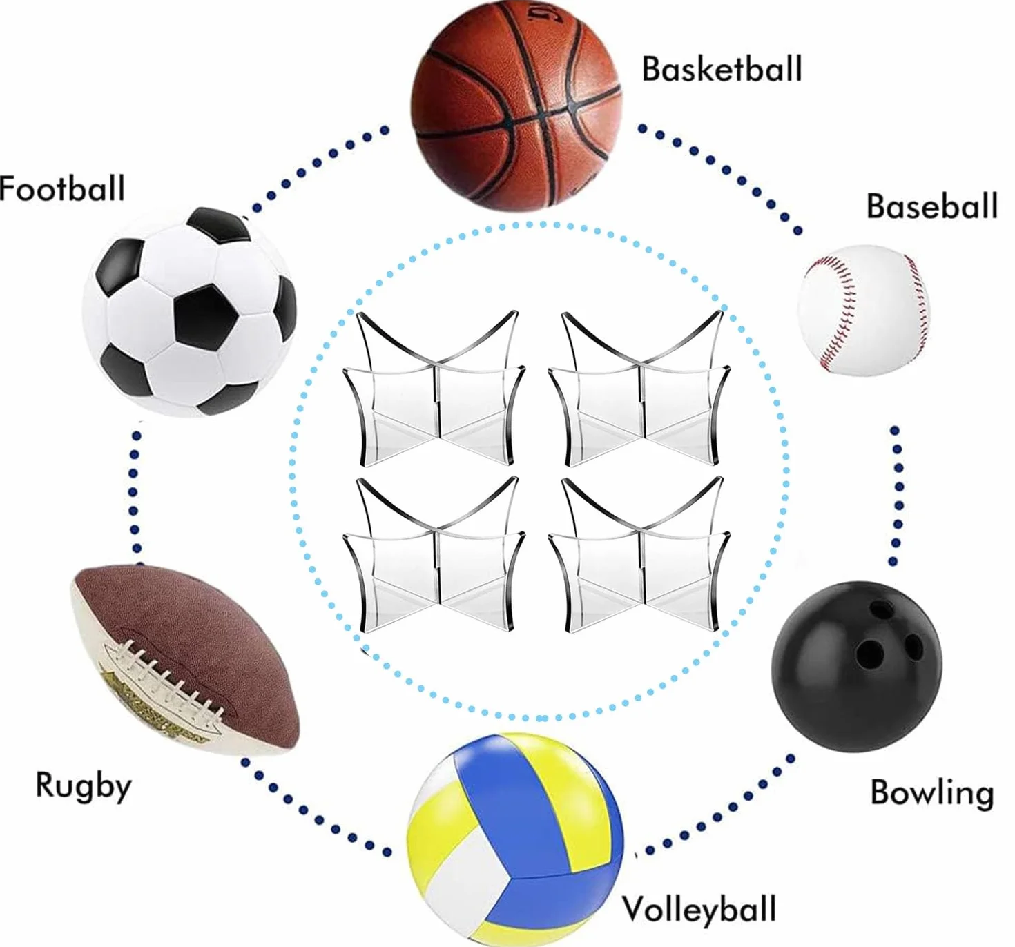 Espositore Palloni 4 Pezzi Base Acrilico Trasparente per Pallone da Calcio Pallavolo