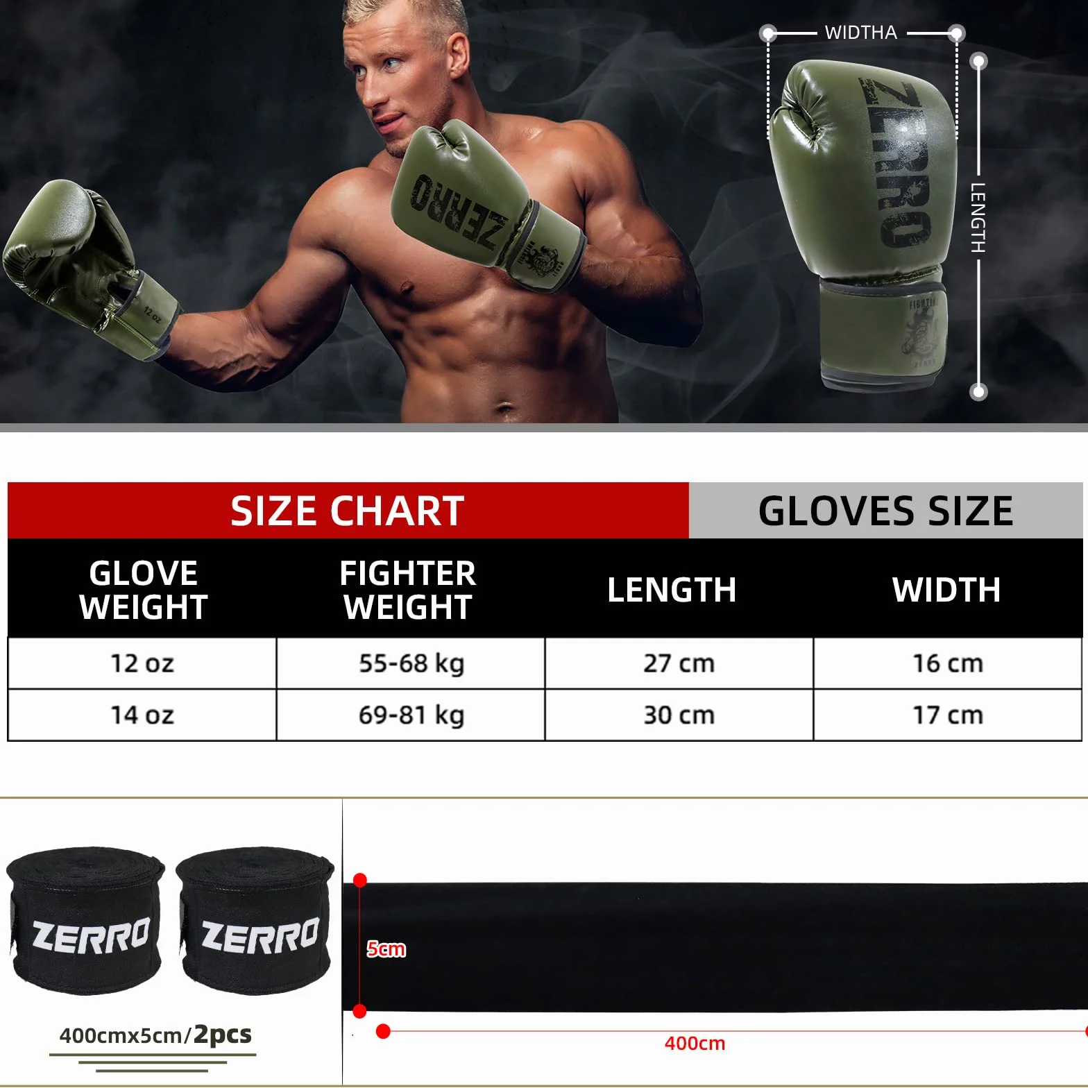 ZERRO Guantoni da Boxe in Pelle PU 12 14oz per Allenamento e Sparring Muay Thai Kickboxing