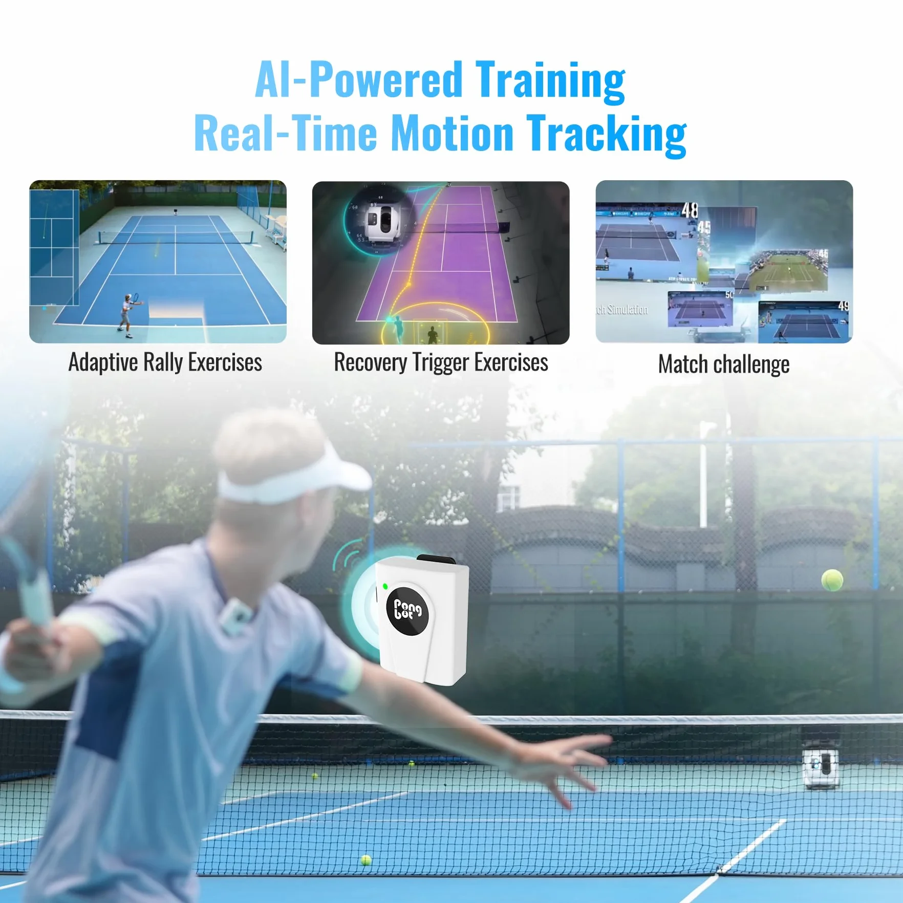 PONGBOT Macchina per palline da tennis, 150 palline, 80 mph, 8+ ore, doppio motore Topspin Backspin