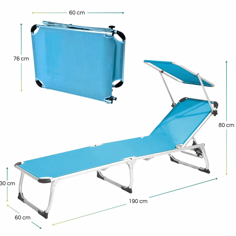 Lettino Prendisole Pieghevole in ALLUMINIO 190x60x80 cm Tessuto Textilene impermeabile tubolare 25mm Peso Max 120kg Azzurro