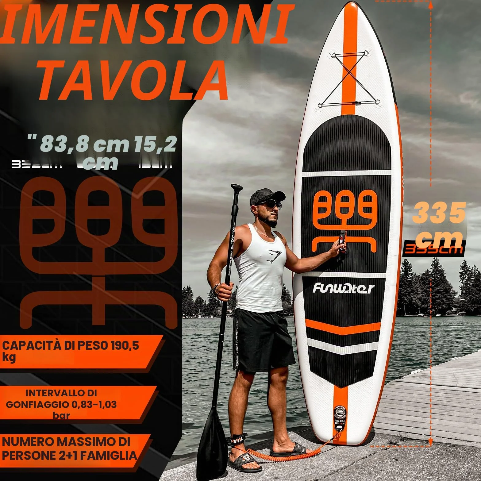 FunWater SUP Gonfiabile Portatile: Tavola Gonfiabile, Pinne, Pompa, Pagaia, Zaino, Guinzaglio di Sicurezza per Adulti e Ragazzi