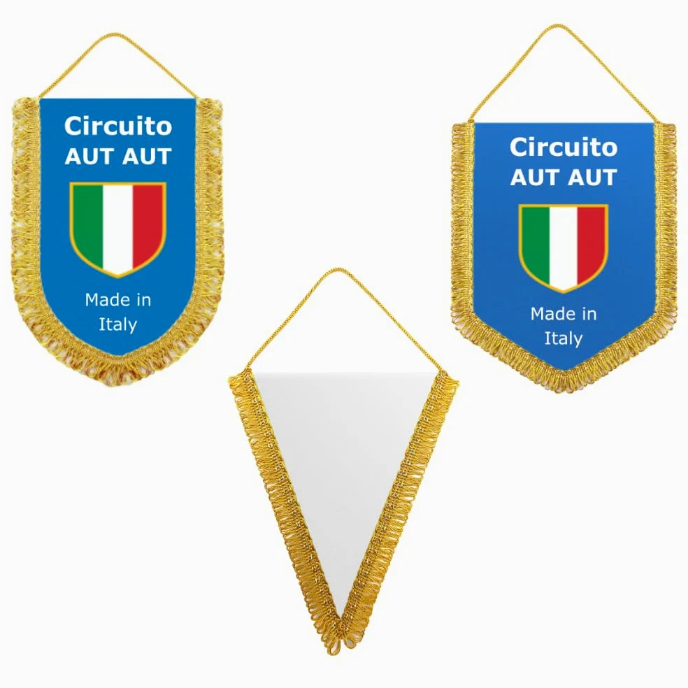 Gagliardetti Neutri o Personalizzati – Confezione 20 o 50 pz. – Forme Triangolare 14x17 cm, Pentagonale 11,5x13 cm, Scudo 10,5x14 cm – Raso Strong/Eco – Frangia Oro o Argento