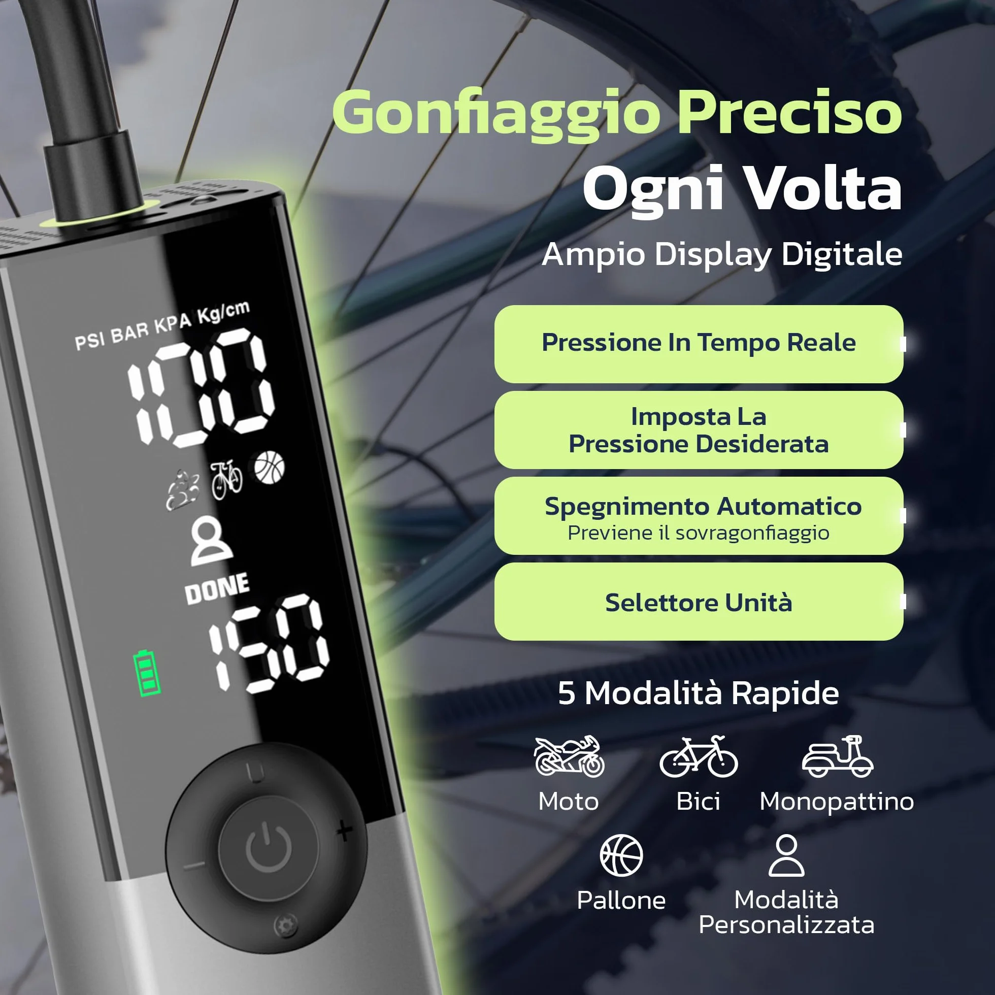 Woowind Ventus Ride Pompa Elettrica per Bicicletta, 150 PSI, 10,3 Bar, Portatile, Compressore Aria, Presta, Schrader, MTB, e-bike