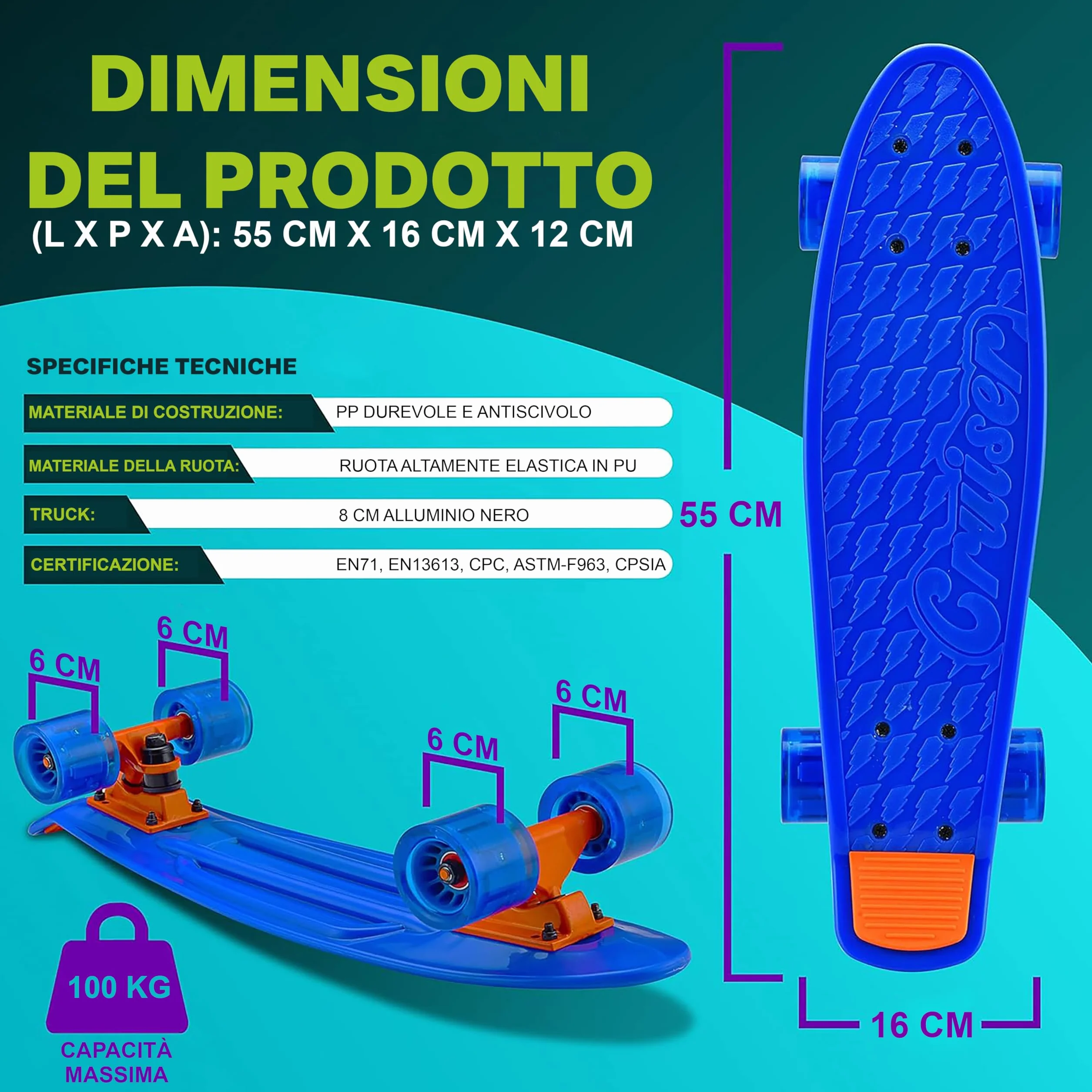Hurtle Skateboard Mini Cruiser, Tavola PP 15,24 Centimetri, Doppio Kick, Truck in Alluminio 8,26 Centimetri, Ruote PU con LED, per Bambini da 5 Anni, Adolescenti e Adulti.