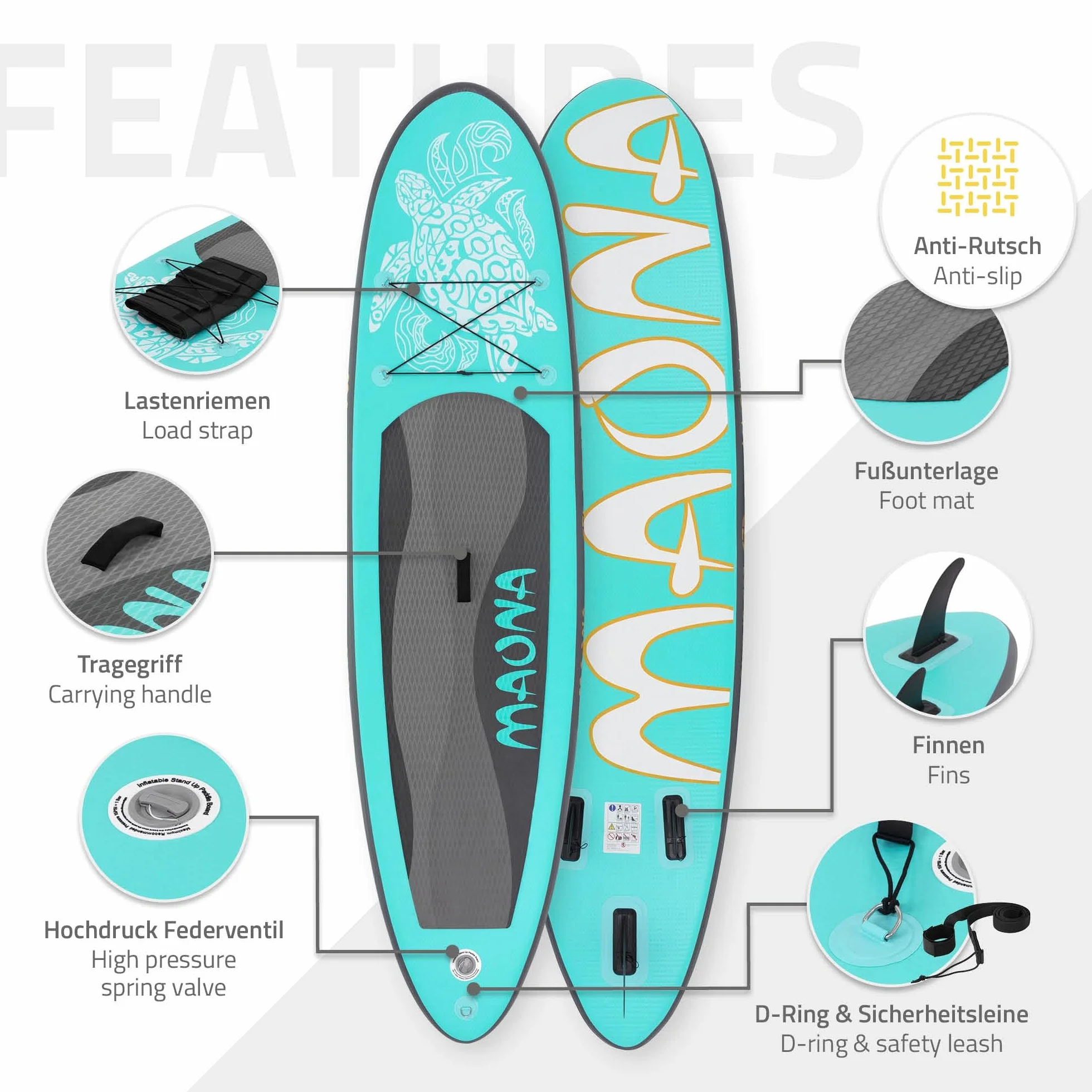 ECD Germany Stand Up Surf Paddle Board Gonfiabile 305 cm PVC 120 kg Tavola da Surf Pagaia Borsa Pompa