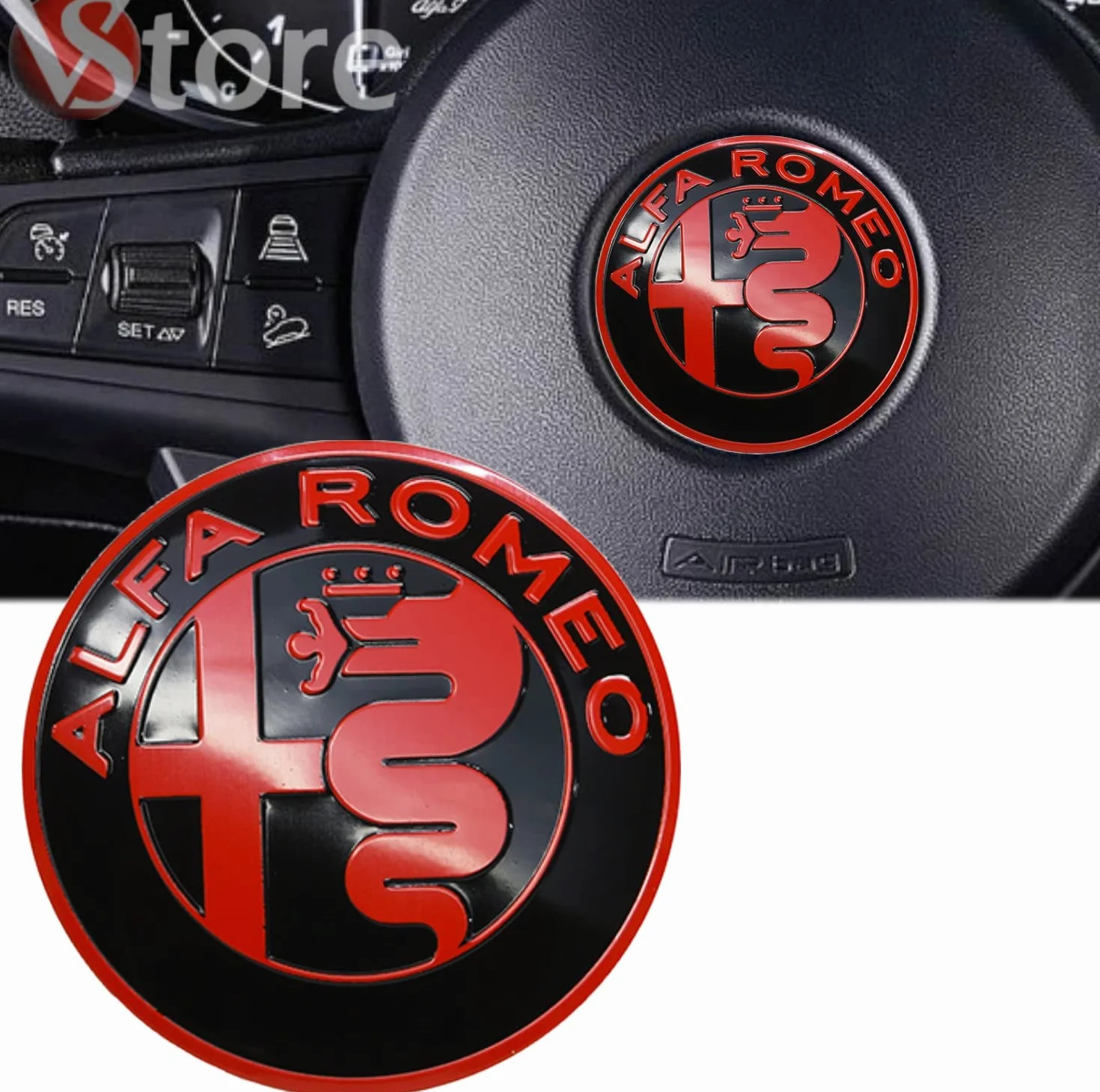 Logo per Volante Sterzo FREGIO Stemma Compatibile con Alfa Romeo Auto MY 2016 Rosso Nero Logo 40mm Giulietta, Mito, 147, 159, 156, 4c, Brera