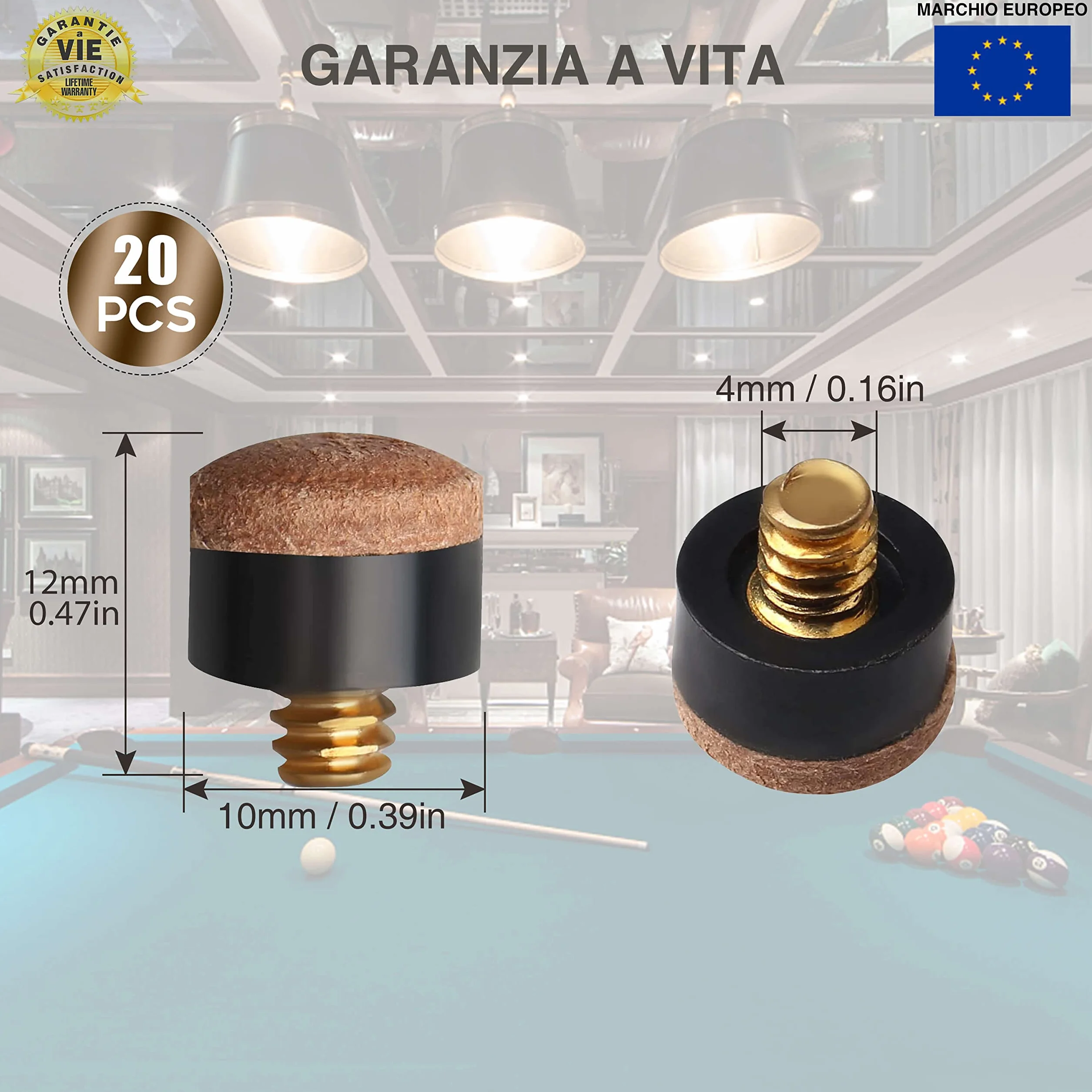 Punte per Stecche da Biliardo 10mm in Pelle con Vite in Ottone - Scatola 20 Pezzi