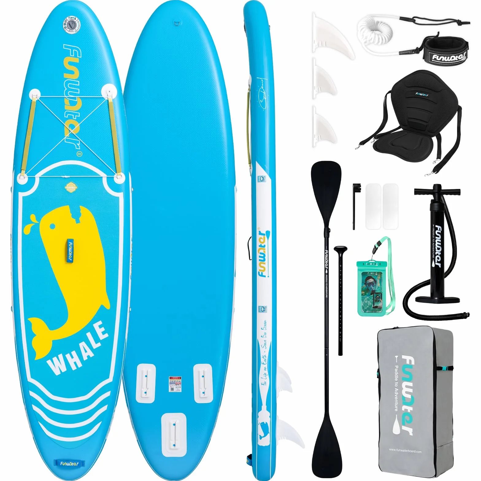 FunWater SUP Tavola da surf gonfiabile completa paddleboard con pagaia regolabile, pompa, zaino, guinzaglio, custodia impermeabile