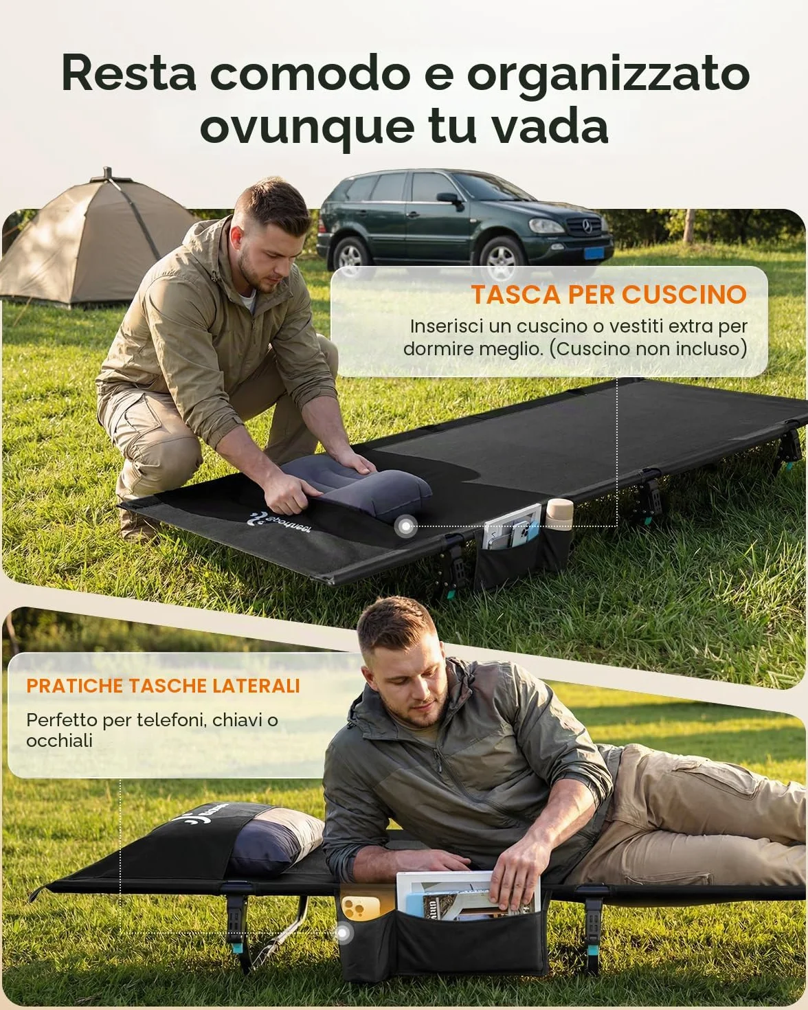 Sportneer Lettino da campeggio pieghevole 80 cm extra largo compatto con tasca laterale leggero