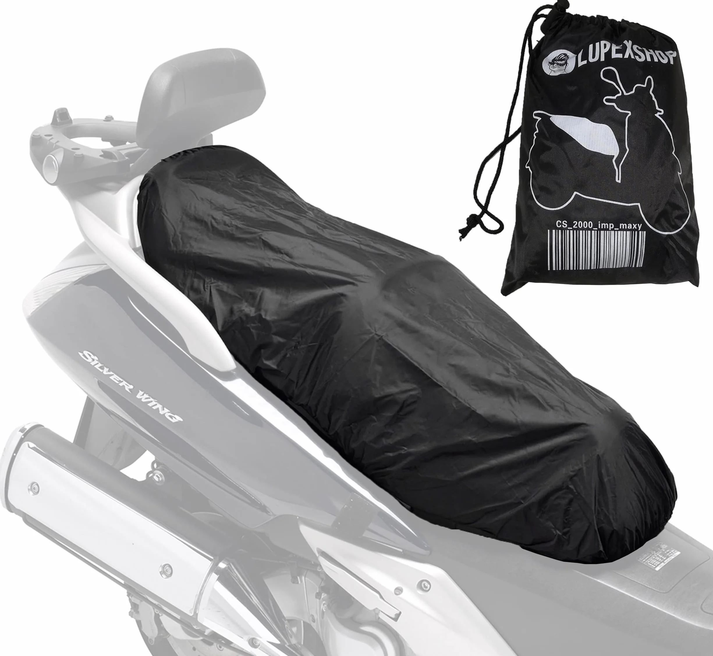 Auto Accessori Lupex - Coprisella Universale impermeabile taglia Maxi 115x50 cm, telo copri sella adattabile per Scooter e Moto, materiale poliestere, colore nero, con borsa