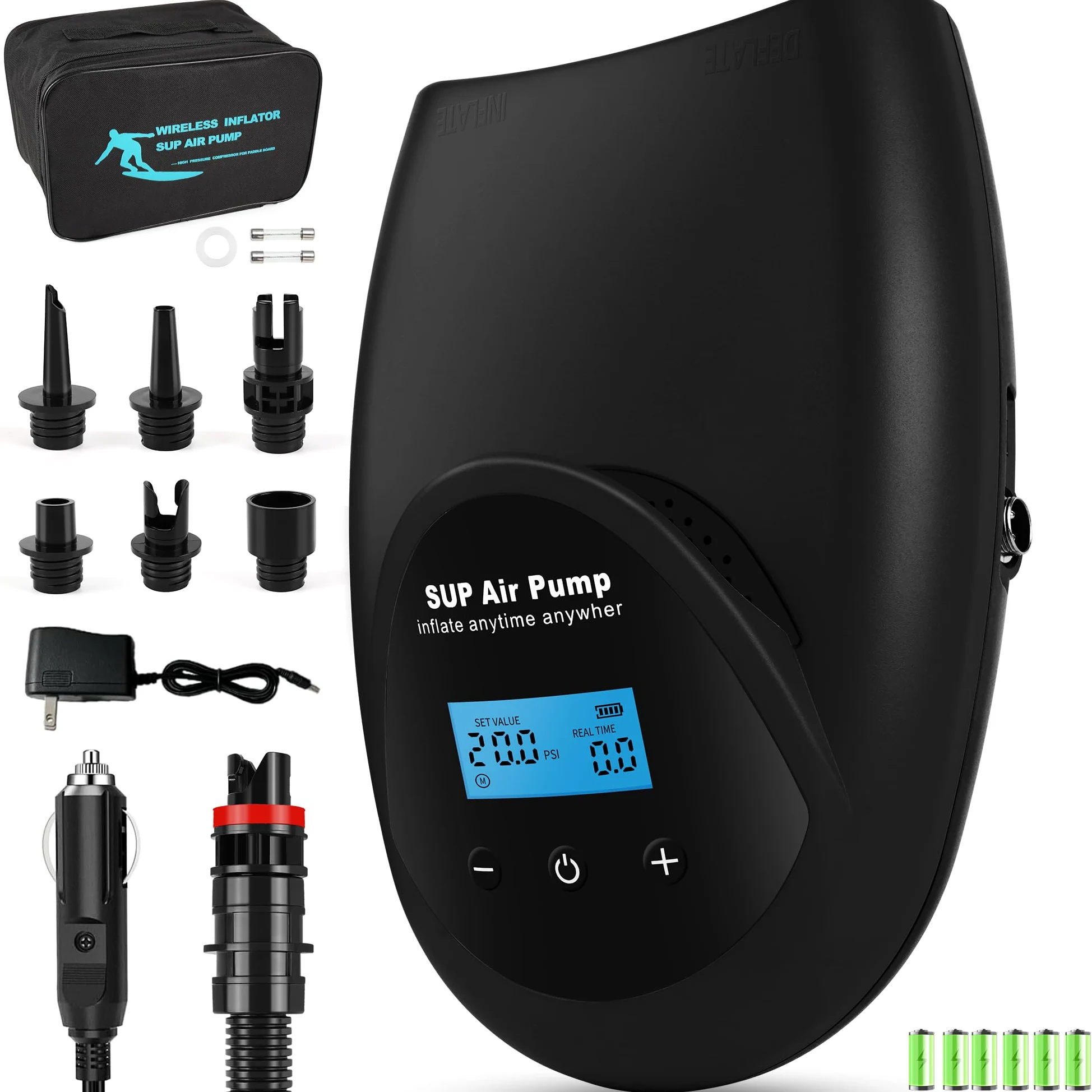 TONSIM Pompa Elettrica SUP Ricaricabile 20 PSI - Gonfiaggio e Sgonfiaggio Veloce, Batteria Integrata, Adattatore 12V per Auto, Ideale per SUP, Kayak e Gommoni