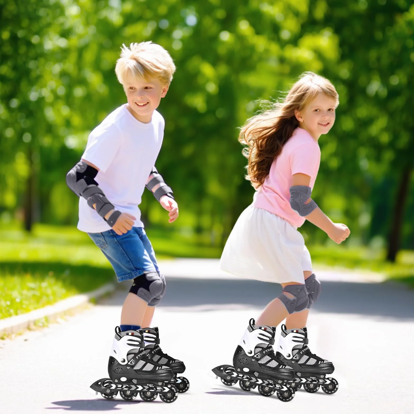 Pattini in linea regolabili per bambini e adulti, a 4 ruote con ruote luminose, Nero Bianco