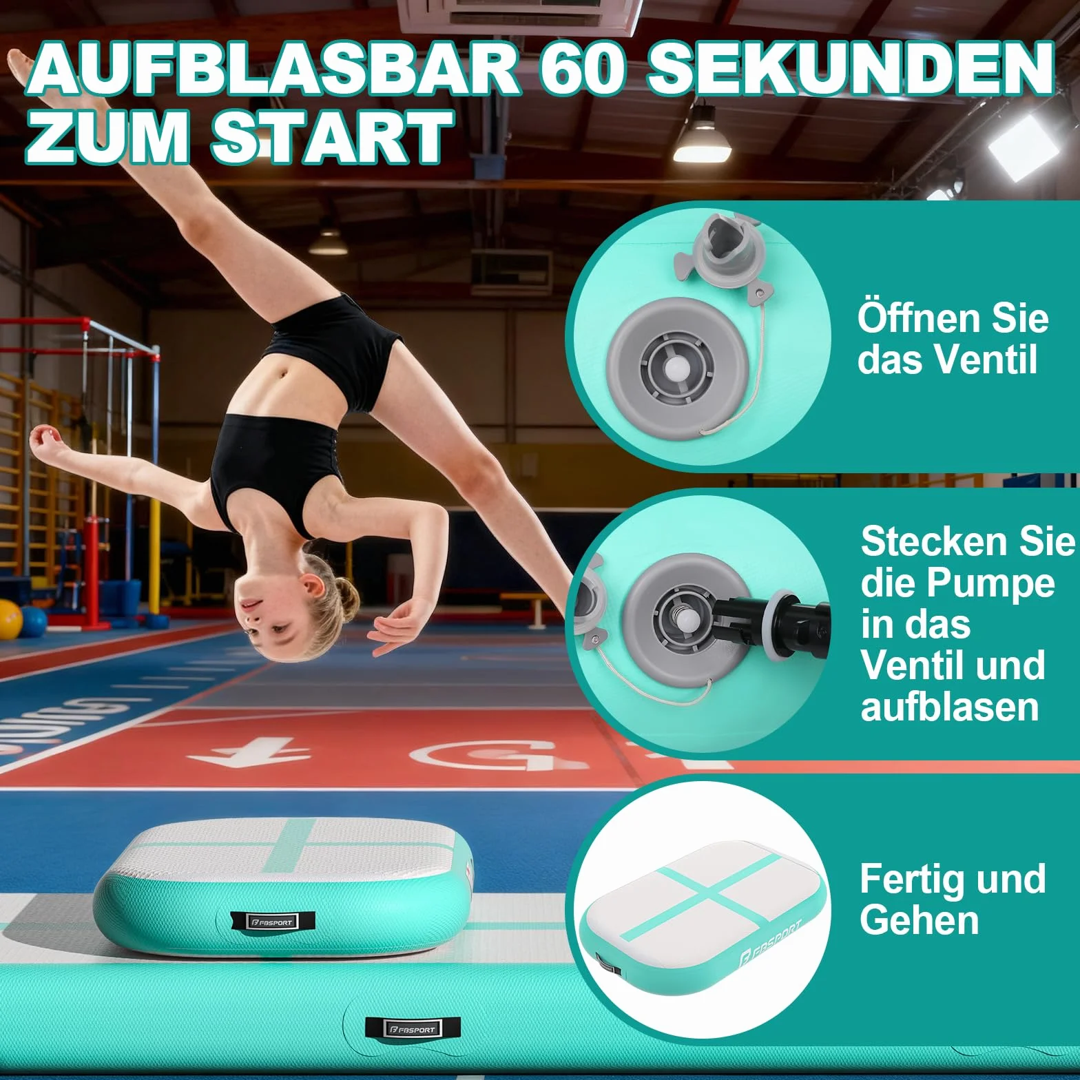 FBSPORT Airtrack Matte, Altezza 10 cm, Spessore 60 cm, Tumbling Matte Gonfiabile, Ginnastica con Pompa ad Aria, Tappeto da Allenamento con Borsa, Tappeto da Ginnastica per Casa, Esterno, Yoga