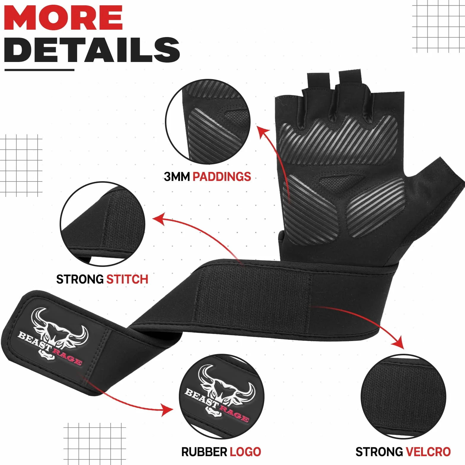 BEAST RAGE Guanti per sollevamento pesi con supporto polso e protezione palmo, traspiranti, nero