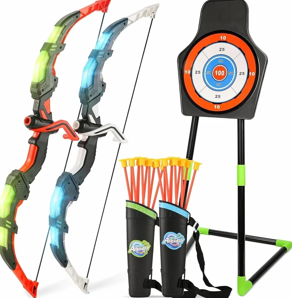 Set di Tiro con l'Arco a LED per Bambini con Bersaglio e 20 Frecce, Giocattolo Esterno Regalo 3-8 Anni