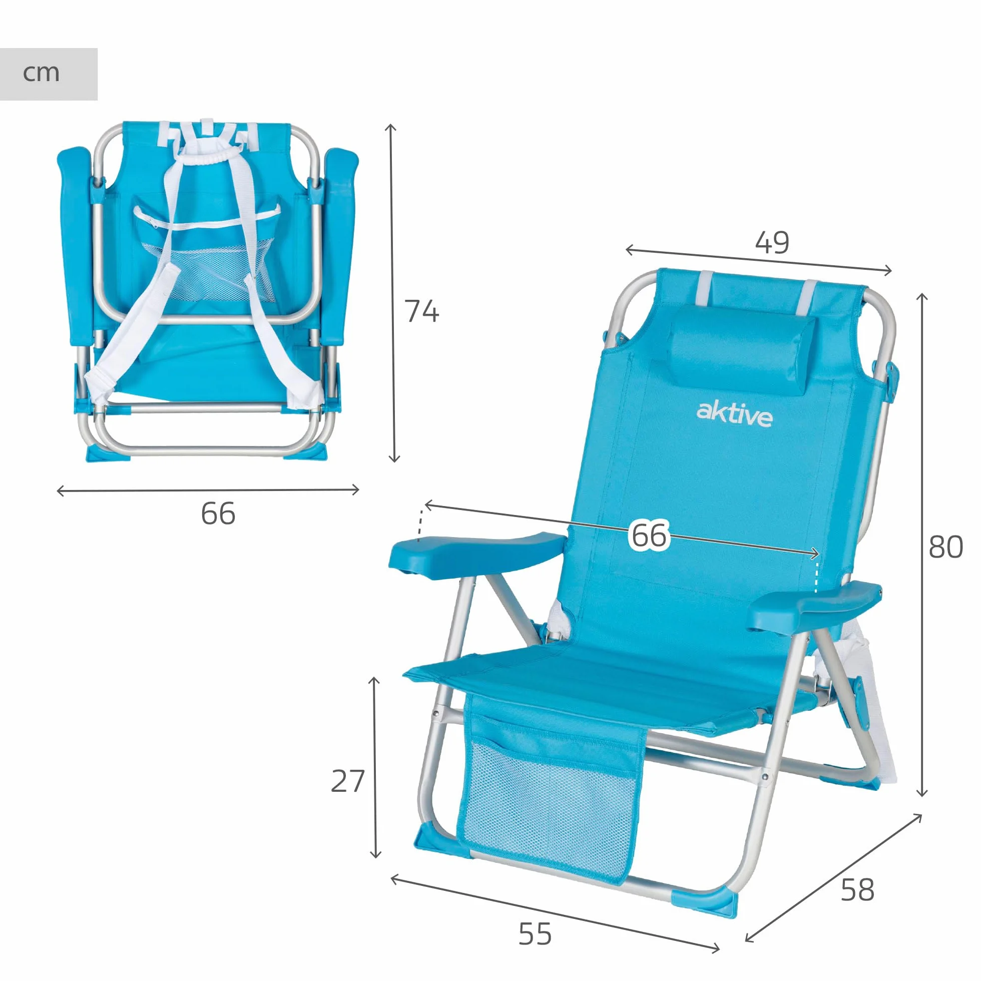 AKTIVE Sedia da spiaggia pieghevole 49x58x80 cm, con cuscino, sedia zaino pieghevole, schienale reclinabile, con due tasche, blu pastello (53983)