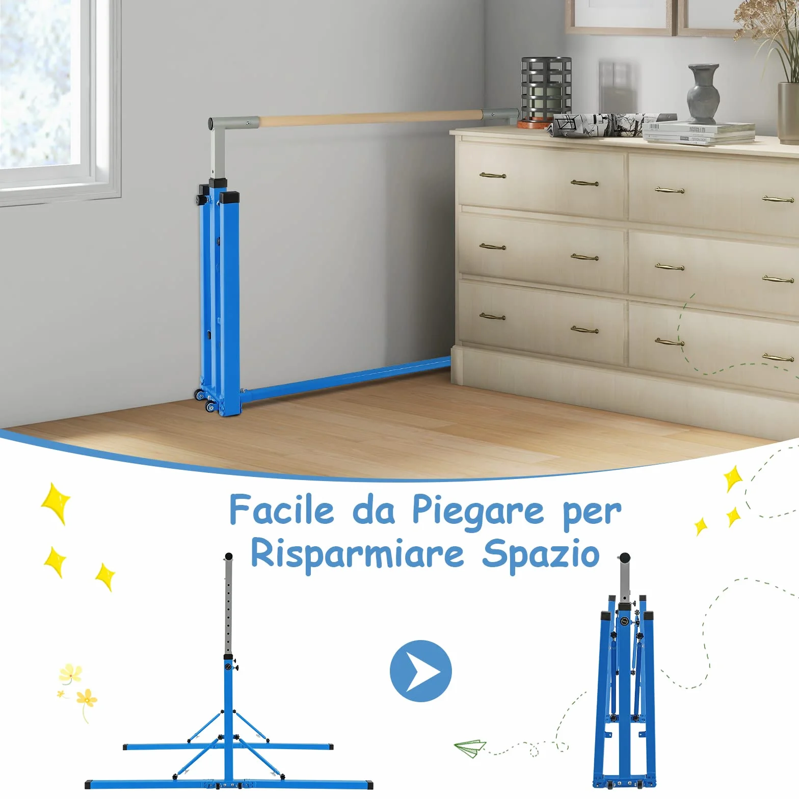 COSTWAY Barra per Ginnastica e Danza per Bambini Pieghevole Portatile, Sbarra Parallela in Metallo e Legno con 13 Altezze Regolabili, Portata 100 kg